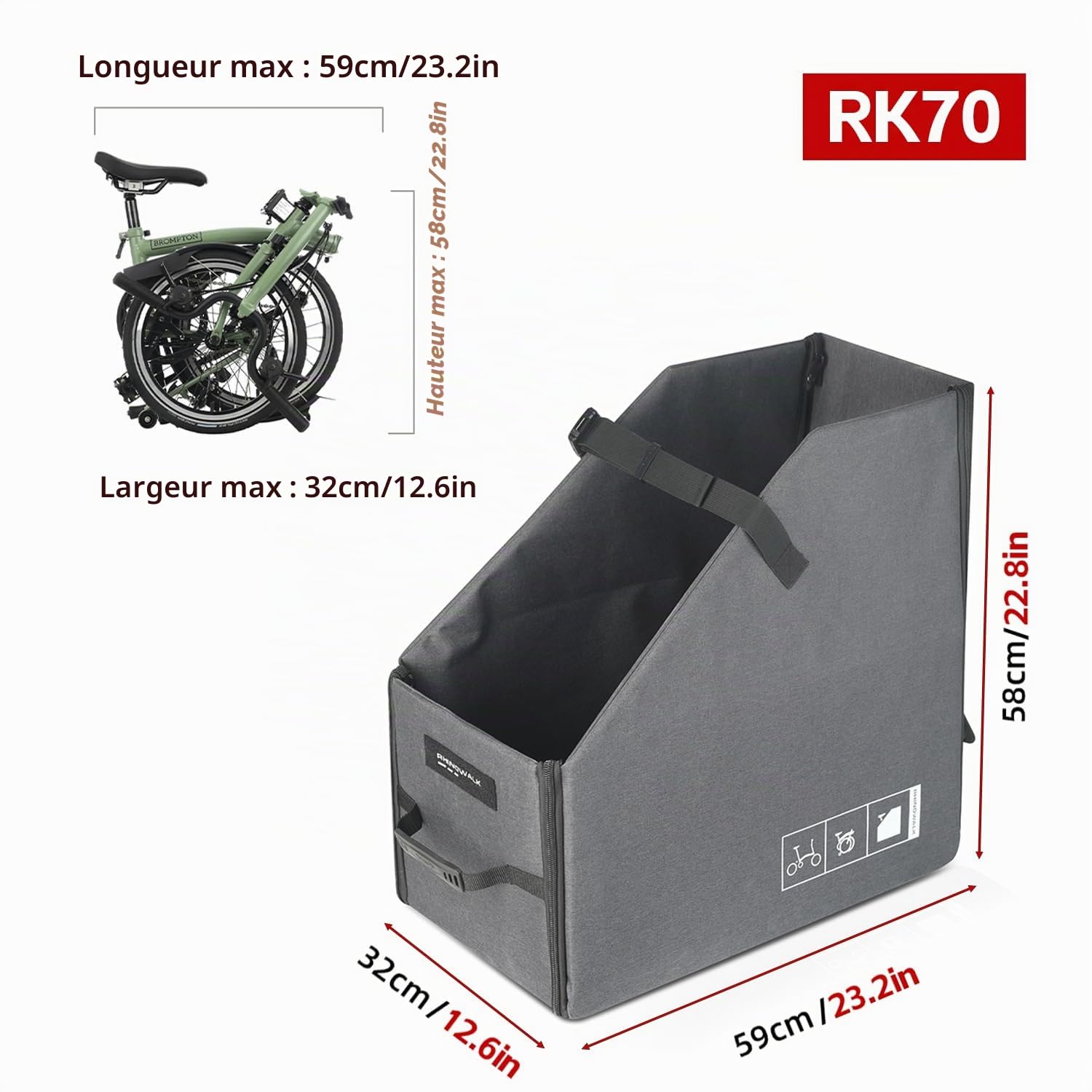 Rhinowalk Boîte de Rangement pour vélo Pliable Brompton, Coffre de Voiture Pliable, étui de Rangement pour Transport de vélo, Sac de Voyage pour vélo, YRK70G