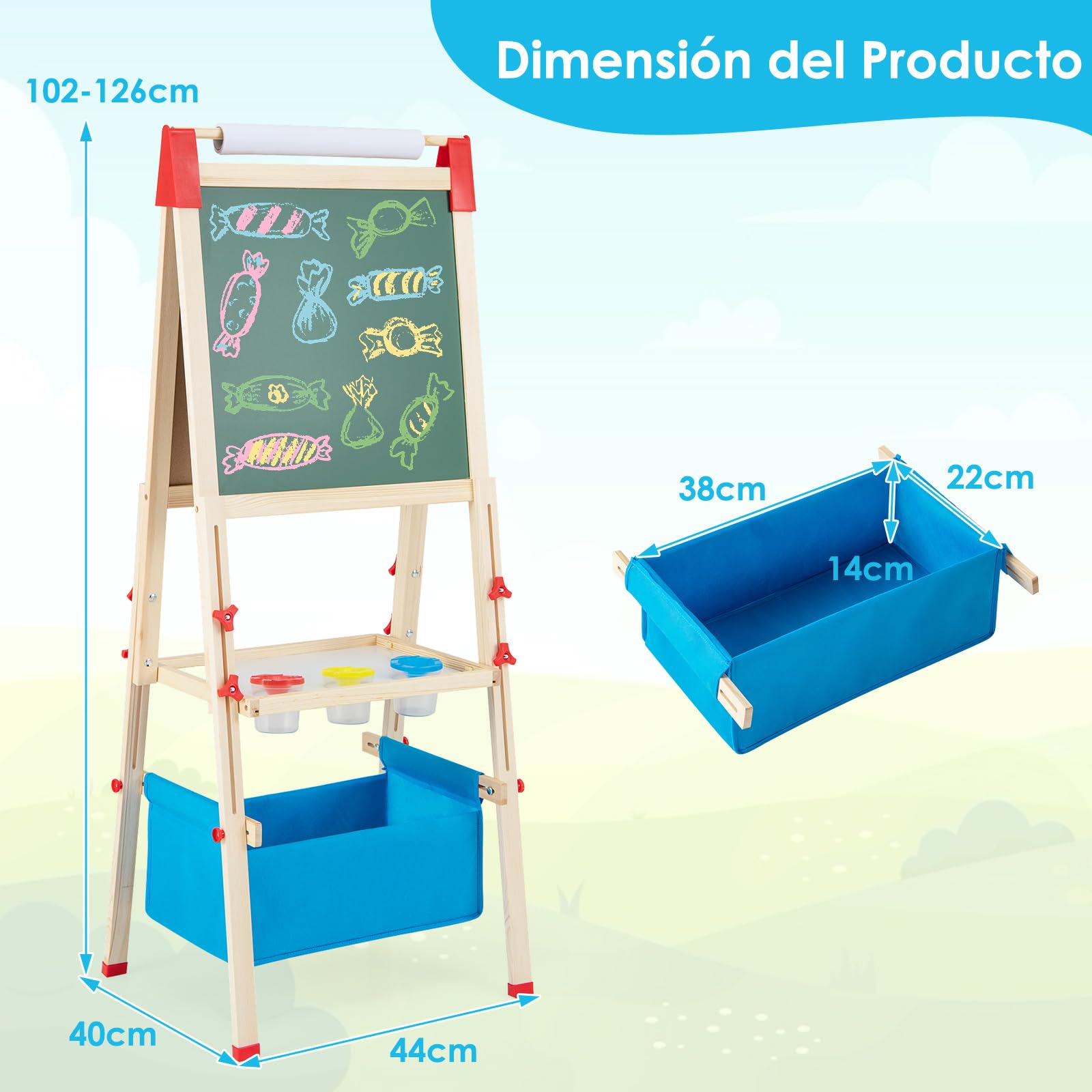 COSTWAY Caballete Infantil Ajustable en Altura, Caballete de Doble Lado con Pizarra de Tiza y Pizarra Blanca, Rollo de Papel, Imanes de Letras y Números, para Niños 3-8 Años (Azul)