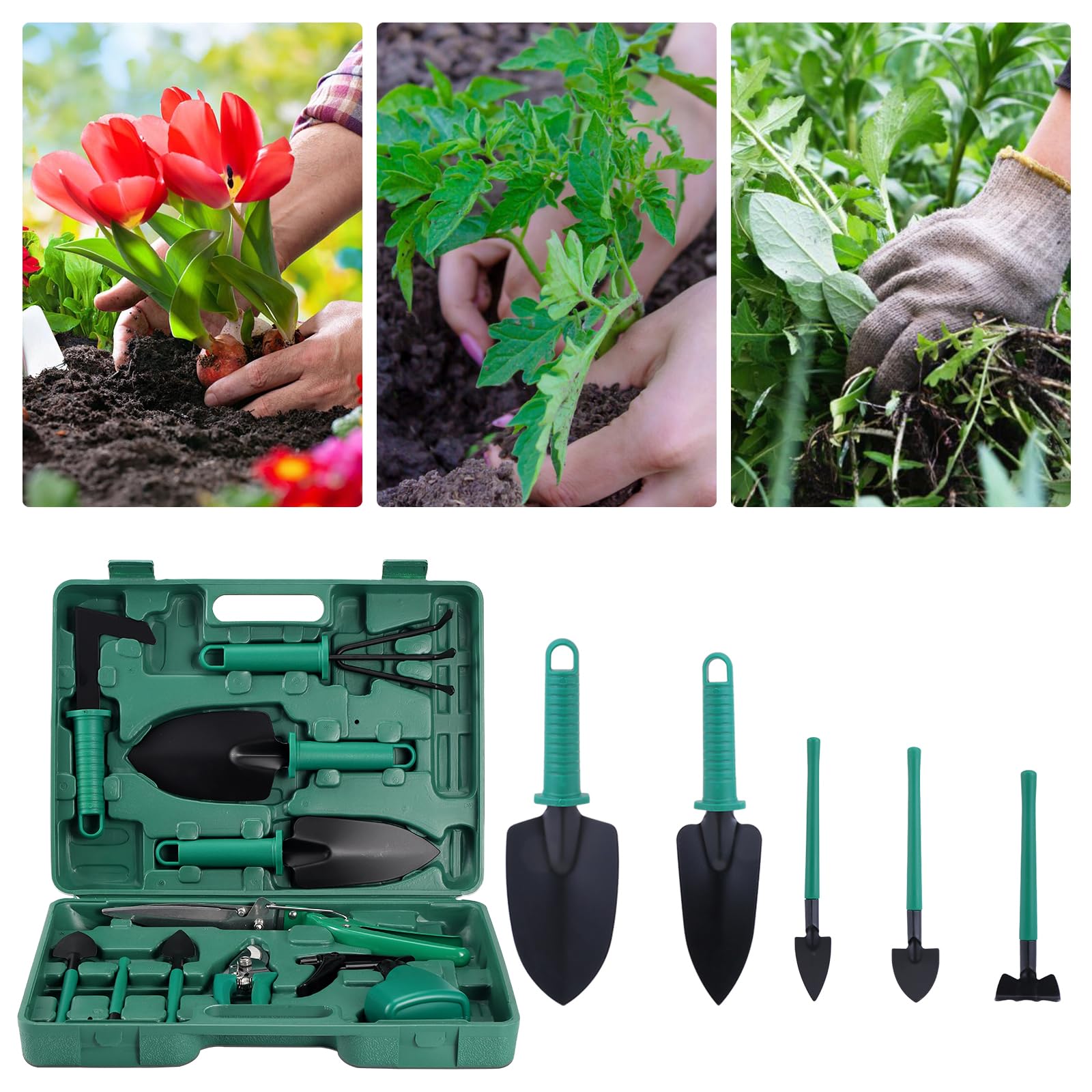 11PCS Kit di Attrezzi da Giardinaggio con i Guanti da Giardinaggio, Set di Attrezzi da Giardino con Custodia per Il Trasporto, Regalo da Giardino per Donna, Genitori, Giardinier