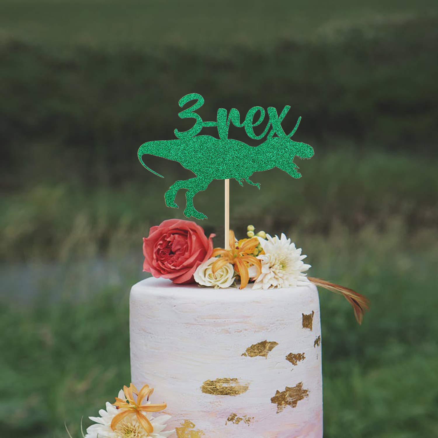 Dinosaur Three Rex Cake Topper - Double Sided Glitter Cake Decoration For 3rd Birthday, Boys' Dino Party - View #3