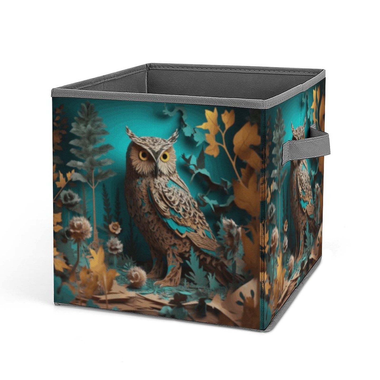 Owl Storage Baskets Collapsible, Exquisite Pattern Cube Box, Canvas Fabric Storage Bins with Handles, Clothe Organizer Box for Home Decorative Office Bedroom