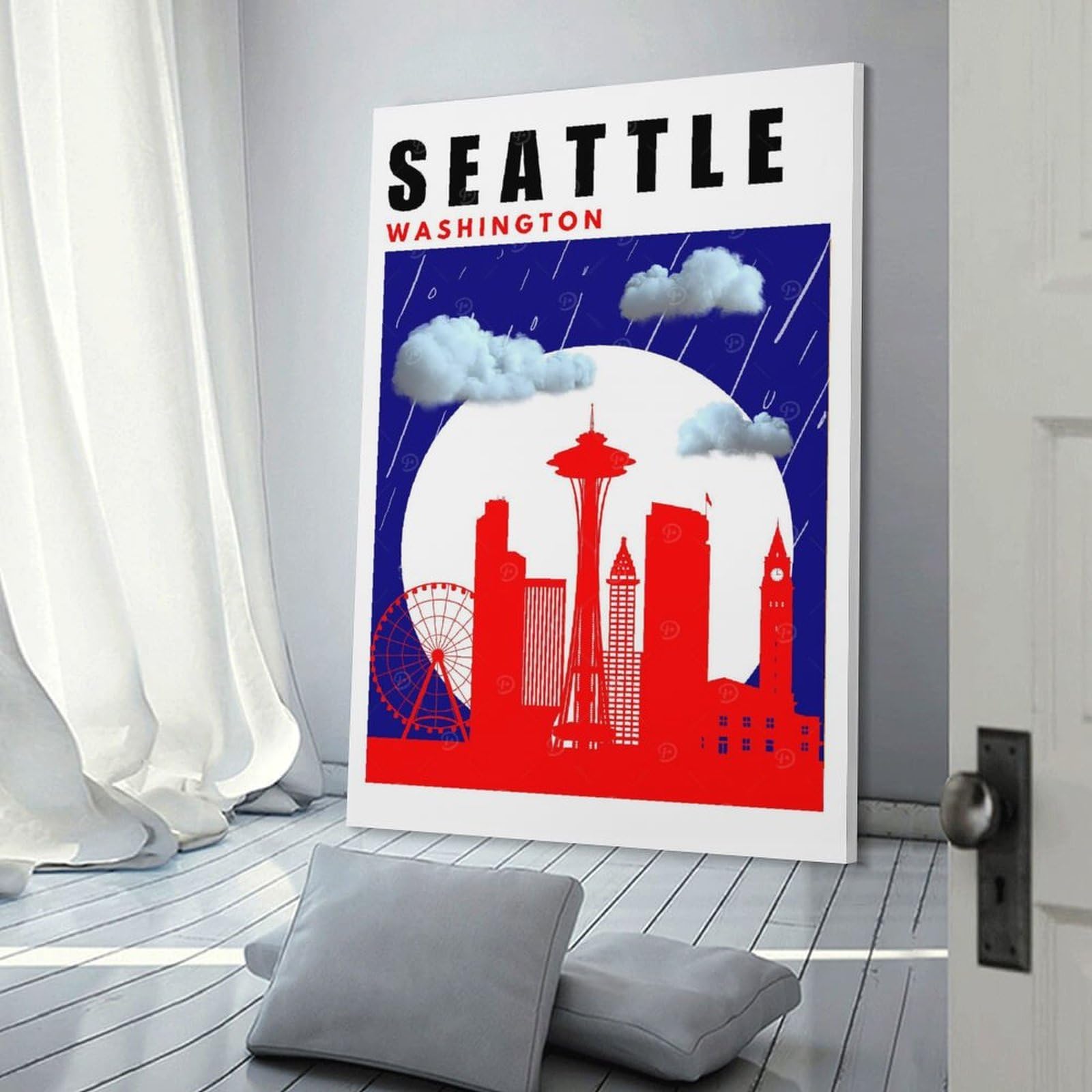 Junmoney Frame-Style-3-2 Seattle Washington Mid Century Modern Travel Poster Decorative Wall Artwork, 20X30inch(50X75cm), For Home Lounge, Bedroom Or Reading Nook, Eye Catching Artwork For Blank Walls