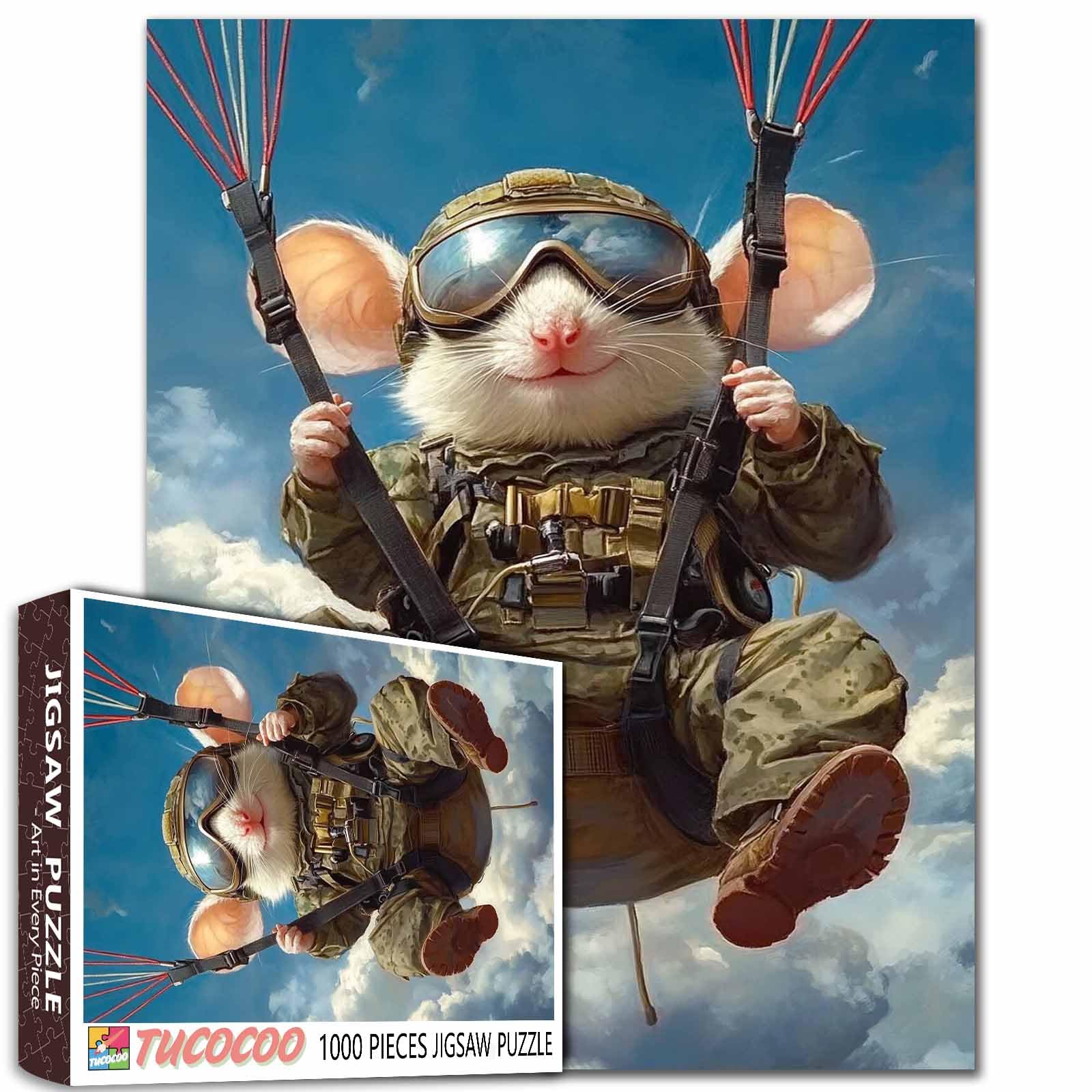 Military Jumpsuit Mouse Jigsaw Puzzles for Adults 1000 Pieces, Paragliding in The Sky Art Puzzles Colorful DIY Crafts for Home Decor Gifts, Family Challenging Puzzle Perfect for Game Nights