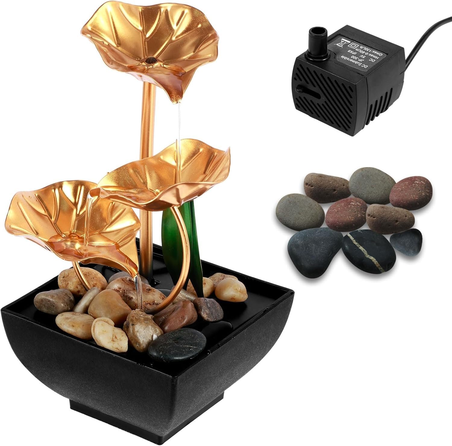 KRLZ Desk Water Fountain Indoor Tabletop Mini Waterfall 3 Level Lotus Leaf Fountain Flowing Water Landscape Decor for Bedroom, Office, Living Room-image-1