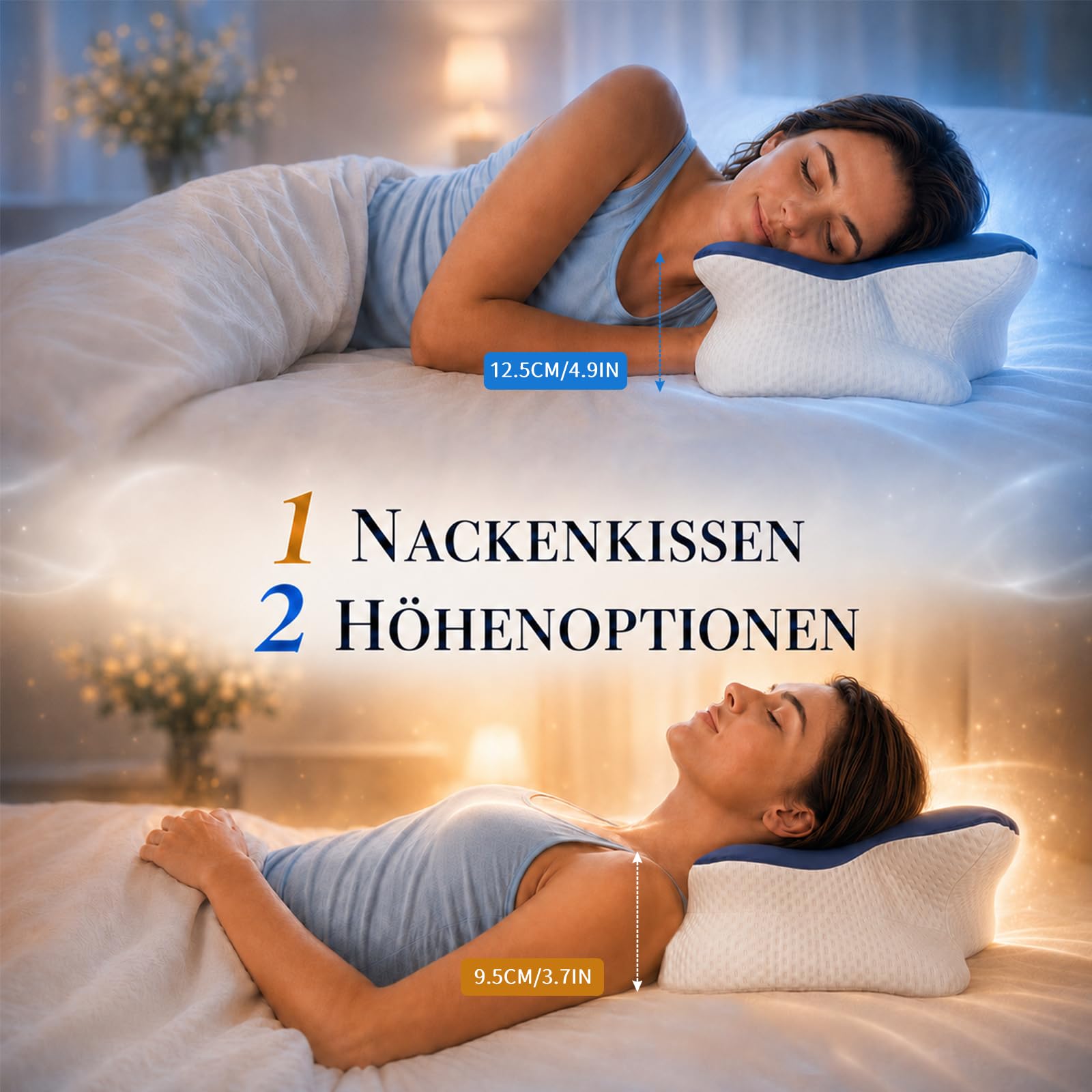 Ergonomisches Kopfkissen - Zwei Höhen Seitenschläferkissen mit Kühlender Eisseide-Bezug, OEKO-TEX® Zertifiziert Memory Foam Nackenkissen für Seiten, Rücken & Bauchschläfer, Mitternachtsblau-Weiß