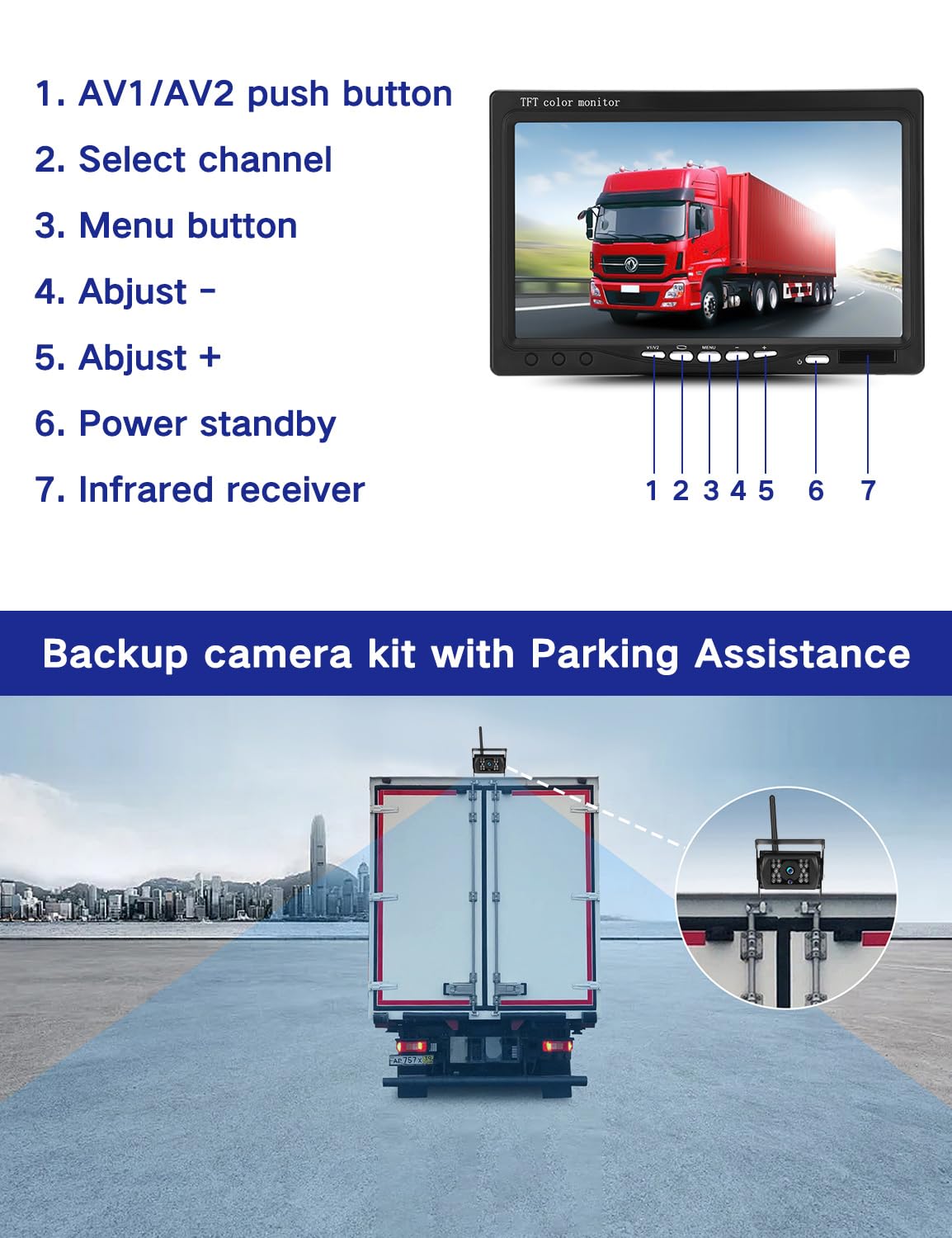 Rückfahrkamera Kabellos Set mit 7" HD Rear View Monitor, IP68 wasserdichte Auto Rückfahrkamera Funk,HD Monitor, Nachtsicht, Weitwinkel,Stabilem Signal,für Wohnmobil Wohnwagen Anhänger LKW