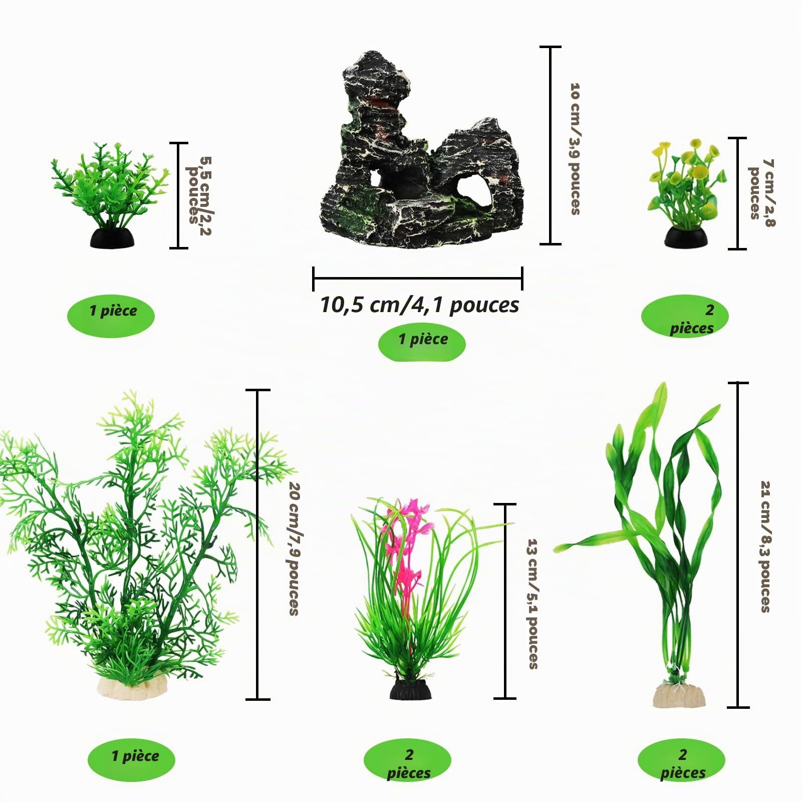 QUOZUO Vert Plantes Artificielle Aquarium Decoration avec Rocher Polyrésine Grotte Ornement, Cachette Décoration pour Aquarium Poissons, 9 Pièces