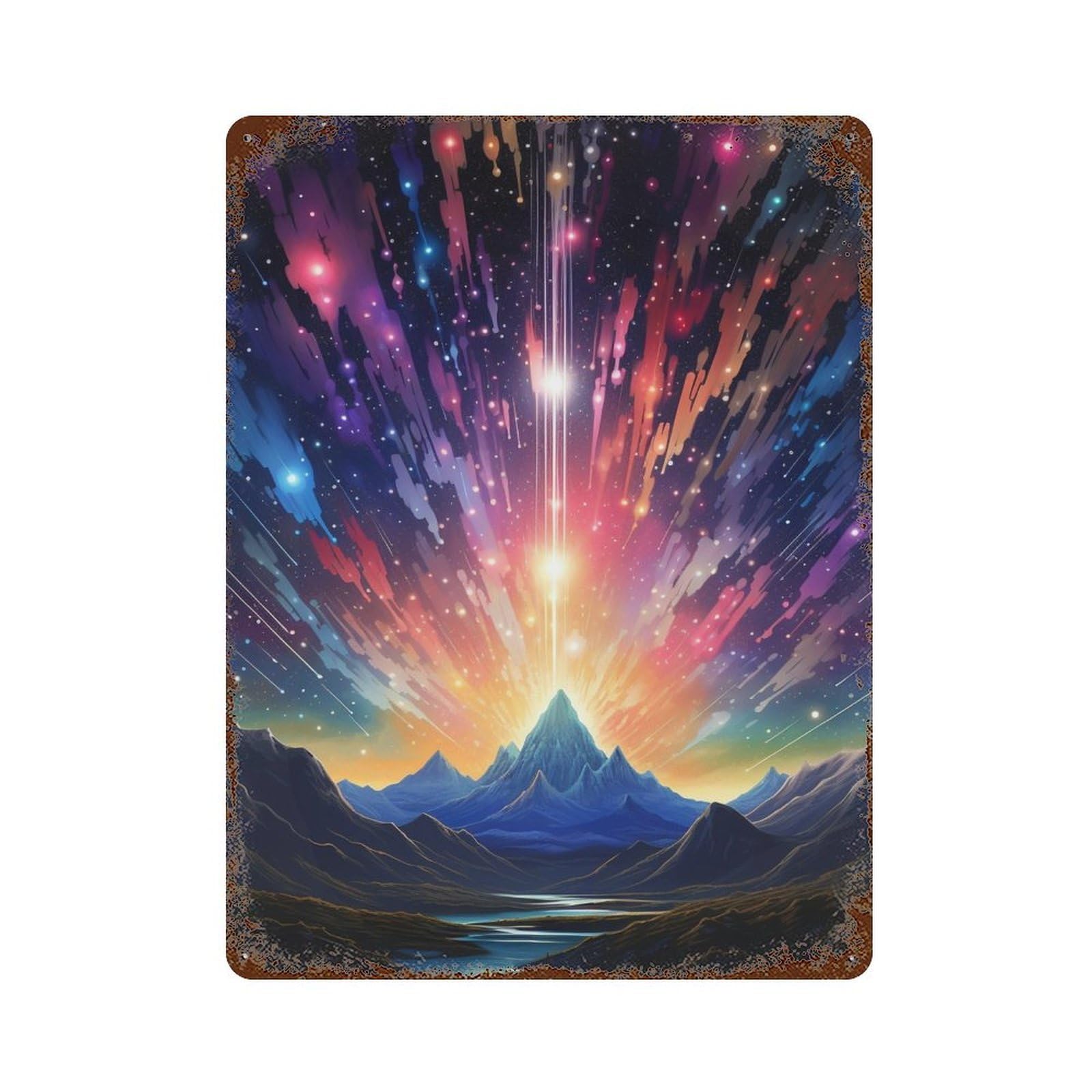 Cosmic Mountain Aurora 15.7"x11.8" Vintage Rust Metal Sign, Classic Wall Plaque for Office, Studio And Wall Decor