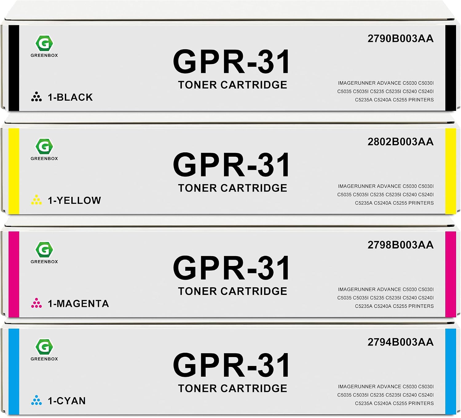 GREENBOX Remanufactured 2790B003AA 2802B003AA 2798B003AA 2794B003AA Toner Cartridge Replacement for Canon GPR 31 NPG-46 EXV29 for ImageRunner C5030 C5035 C5235 C5240 C5240 C5255 Printer (KCMY, 4 PK)