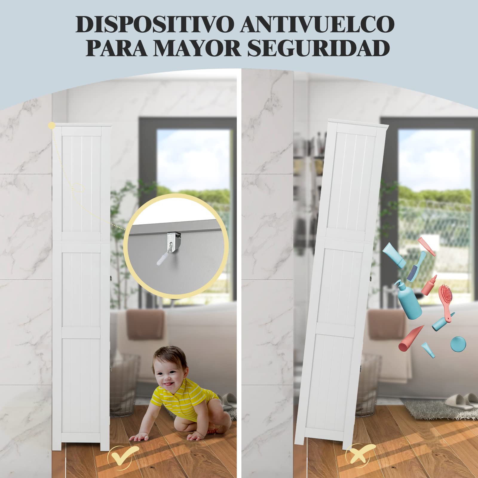 COSTWAY Armario Alto de Baño con 2 Puertas y 1 Cajón, Armario Independiente con Estantes Ajustables y Puerta de Vidrio Esmerilado, Mueble Columna para Sala Dormitorio (Blanco, 4 Puertas)