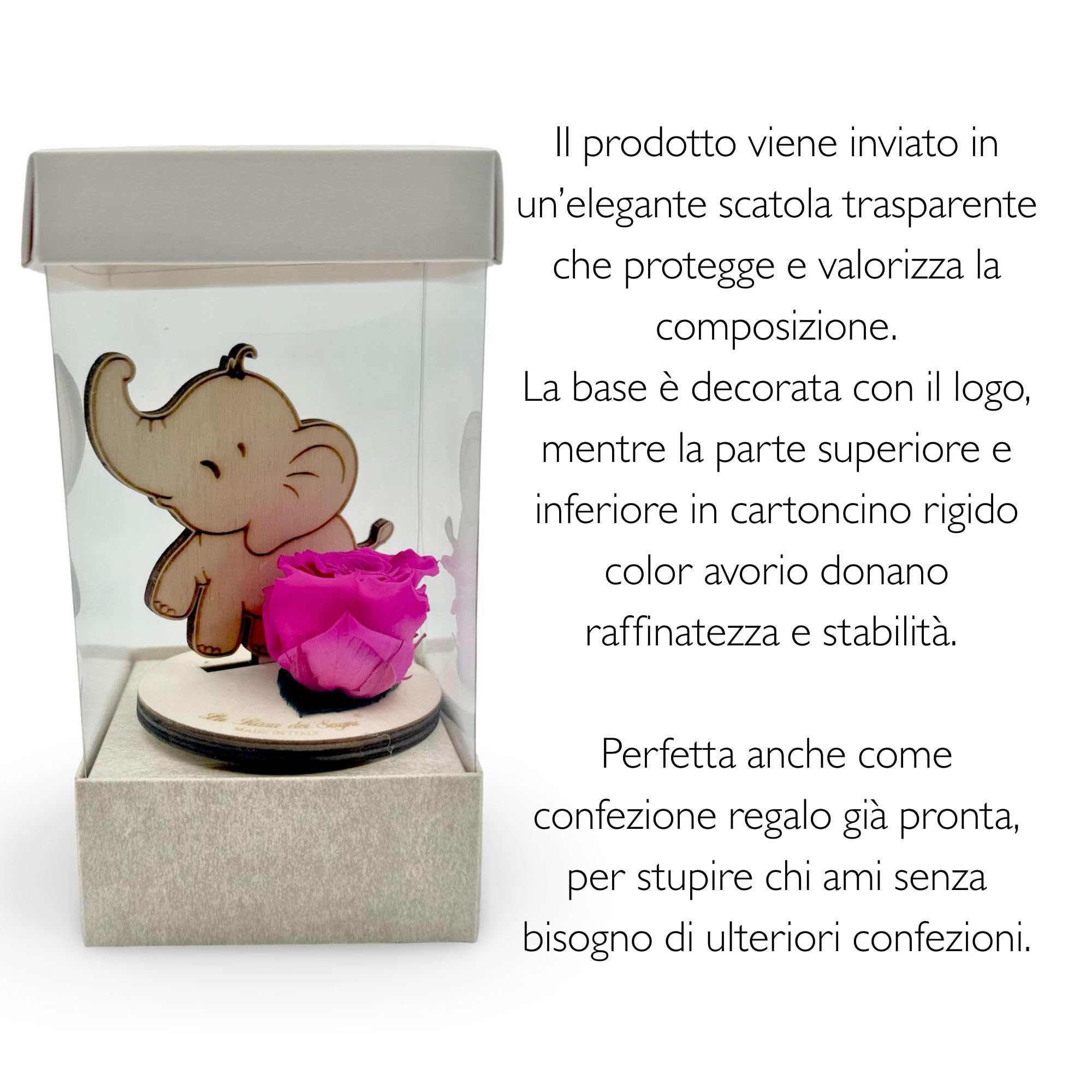 Rosa Stabilizzata con Elefantino in Legno Intaglio Laser – Fiore Naturale a Lunga Durata, Scatola Elegante – Made in Italy (Rosa)