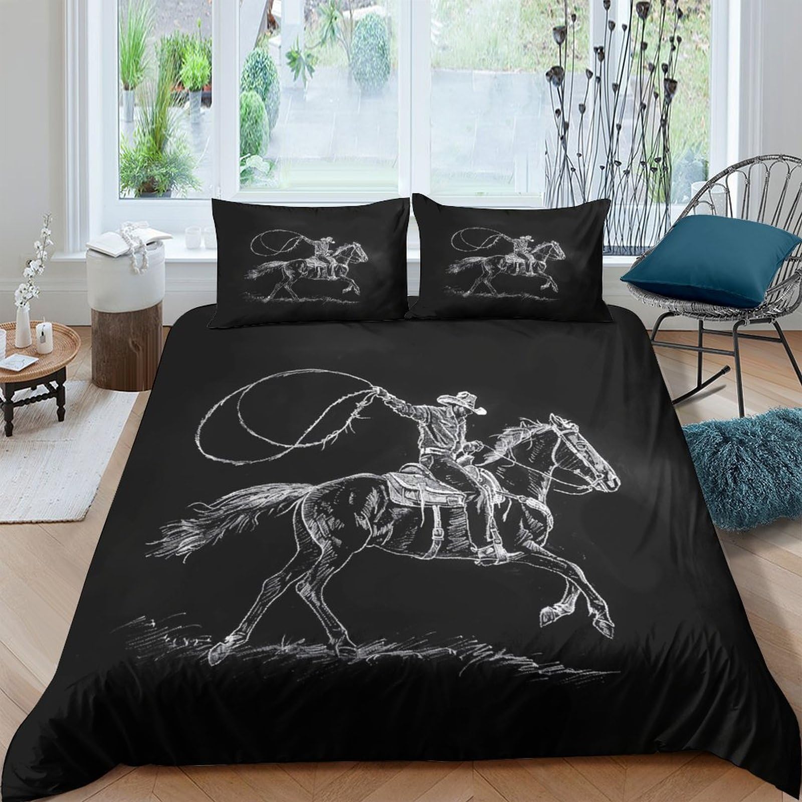Ctjqhvkz Style-8 3D Printed Cowboy Rodeo Fitted Sheet Microfiber Soft Black Horse Bed Cover Anti-Slip For Bedroom Dorm Mattress Protection Decor Single（135X200cm）