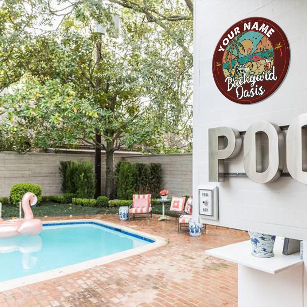 MeMate Outdoor Backyard Oasis Sign - 8-24 Inch Large Metal Patio Decor, Personalized Name Sign for Pool Porch Deck, Flamingo Beach Bar Decorations