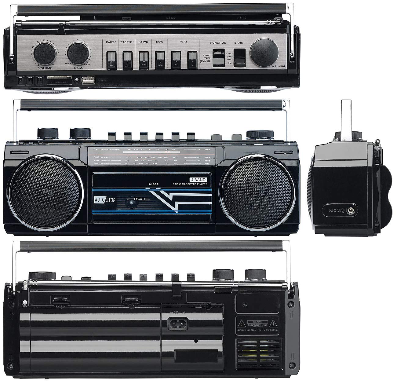 auvisio Radio casetes portátiles - grabadora de casetes Retro: Boombox Retro, Reproductor de casetes, Radio FM, SW y MW (grabadora Radio, años 90, SDS)