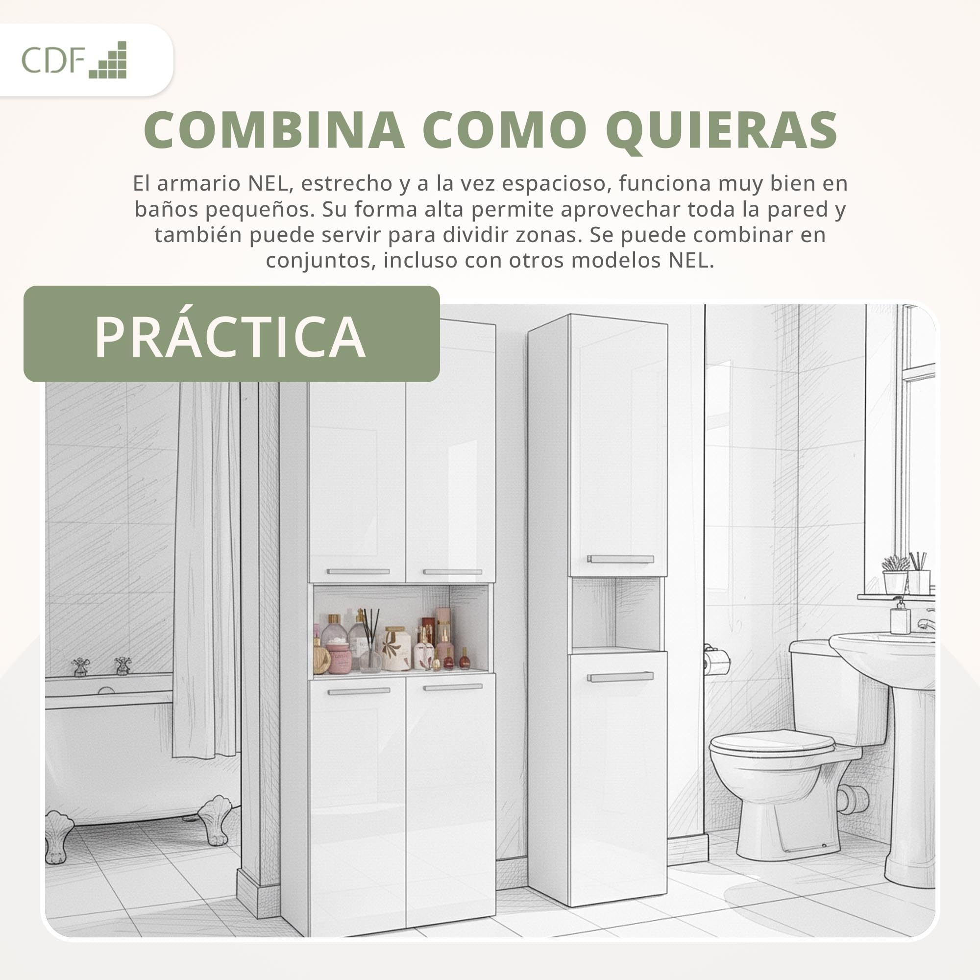 CDF Armario de Baño con 1 Cesto Ropa Sucia, Armario Alto, Bolsa de Ropa Extraíble con Asas Compartimento con Puerta 30 x 60 x 174 cm Bianco Brillo Montaje Sencillo