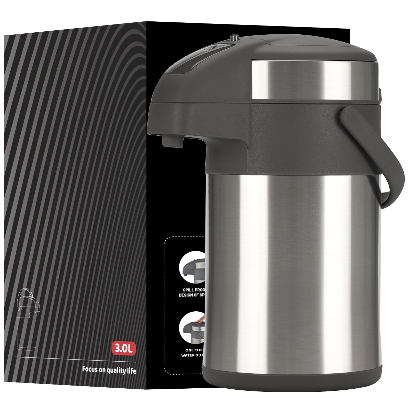 Bouteille à Pompe 3 L en Acier Inoxydable - Distributeur de Boissons Chaudes et Urne à Café - Idéale pour Café et Thé