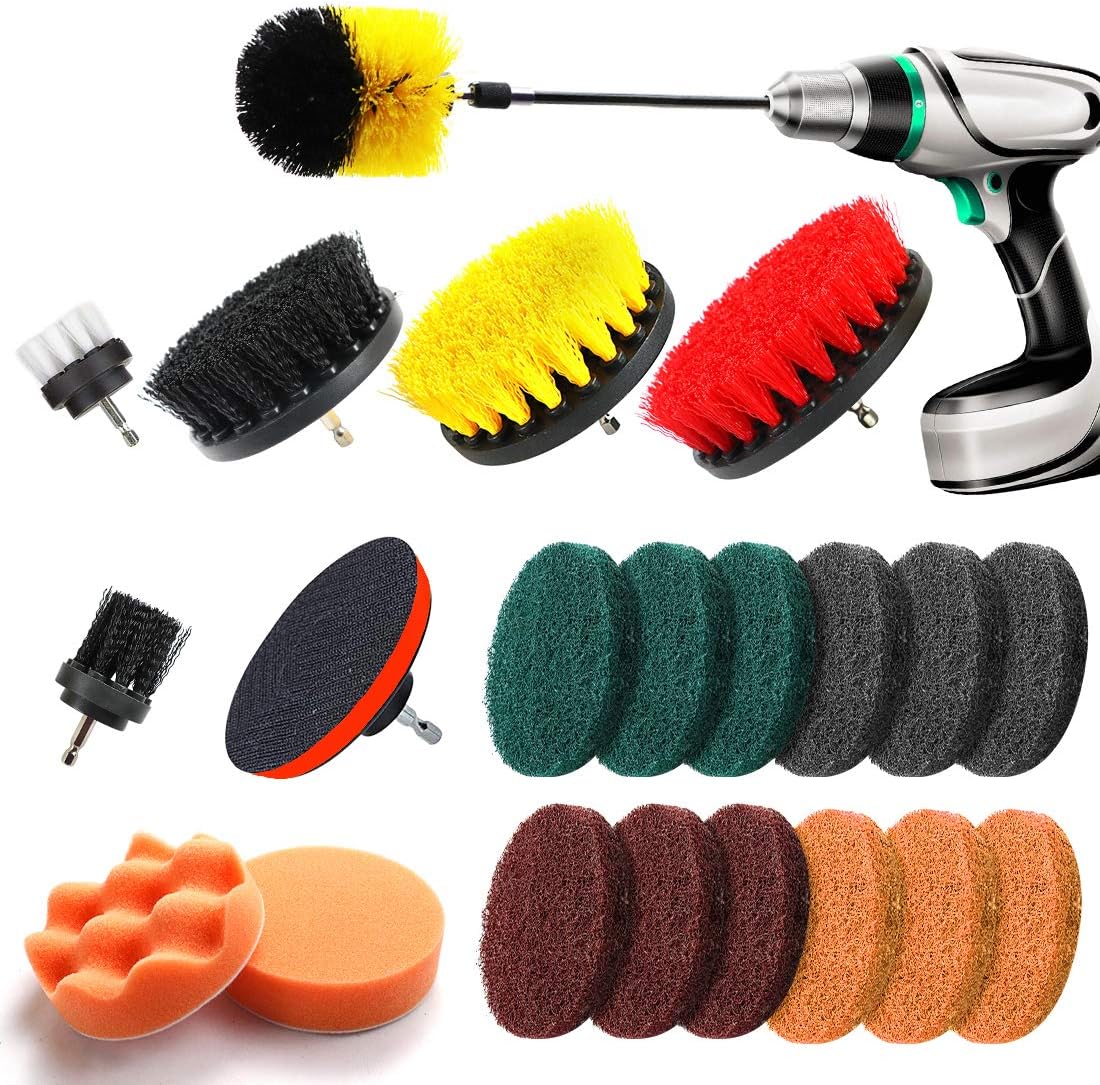 22 Piece Drill Brush Attachment Set, Power Scrubber Drill Brush Kit, Scrub Brush with Extend Long Attachment, Scrubing Pads Cleaning Kit for Tile Sealants, Bathtub, Sinks, Floor, Wheels, Carpe