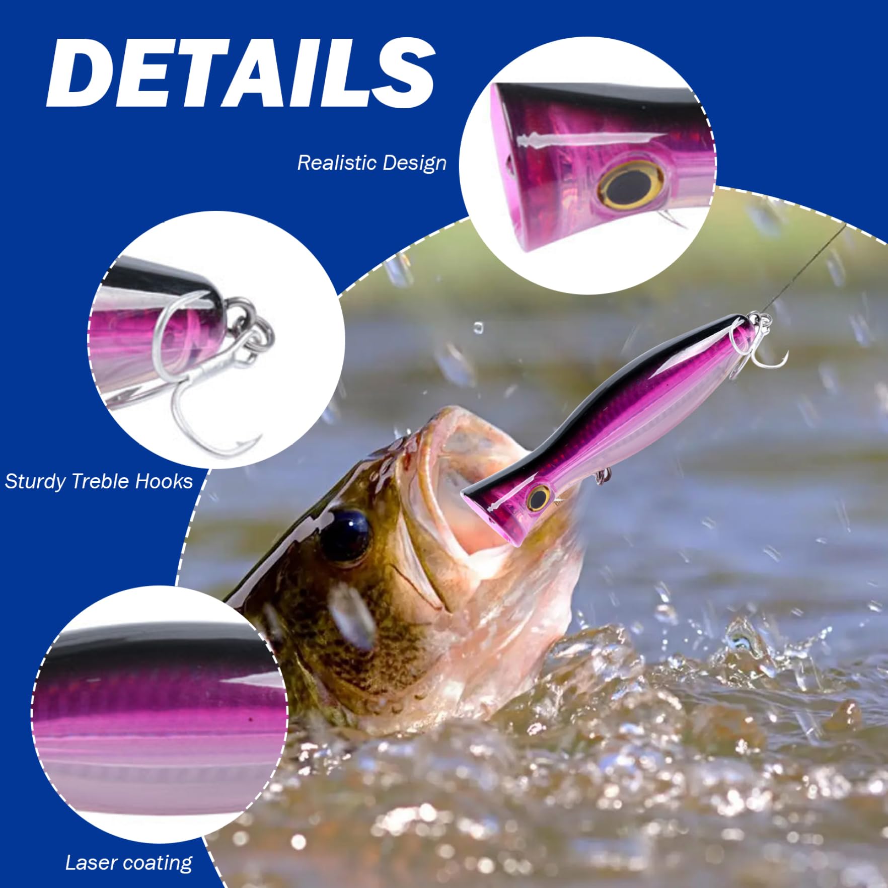Leurres de pêche 9 pièces, Yeux 3D réalistes, appâts de pêche Popper avec hameçons triples, appâts Natation en Eau Douce et salée pour Thon, Bar, Requin