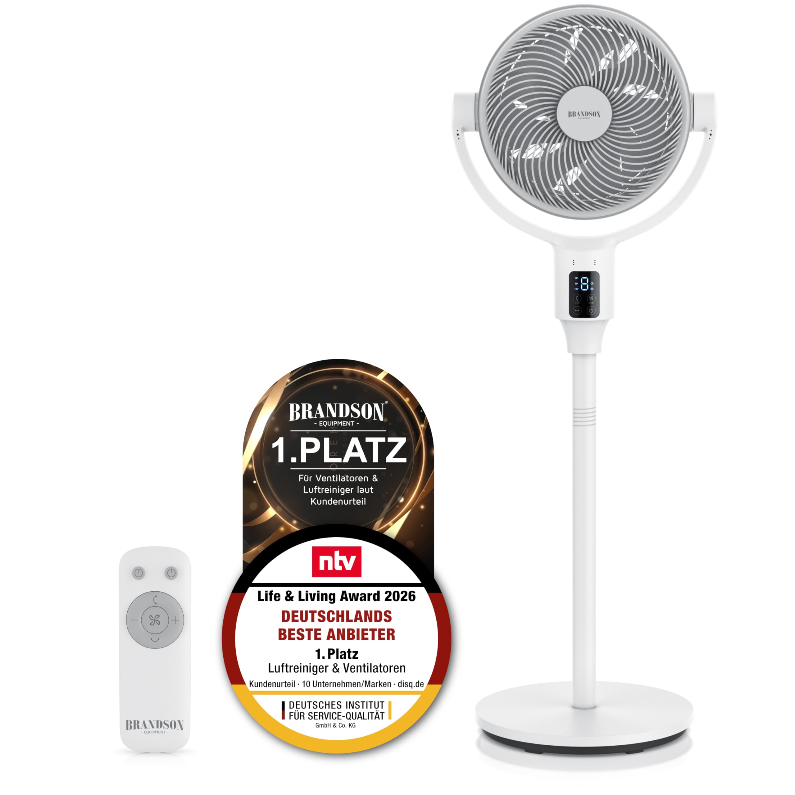 Brandson – 3D Dual Blade Standventilator ECO Line - DC Motor sehr leise – 9 Geschwindigkeitsstufen – Fernbedienung – Duftfach – energieeffizient - 3D Oszillation – Display - Sieger Ventilatoren 2026