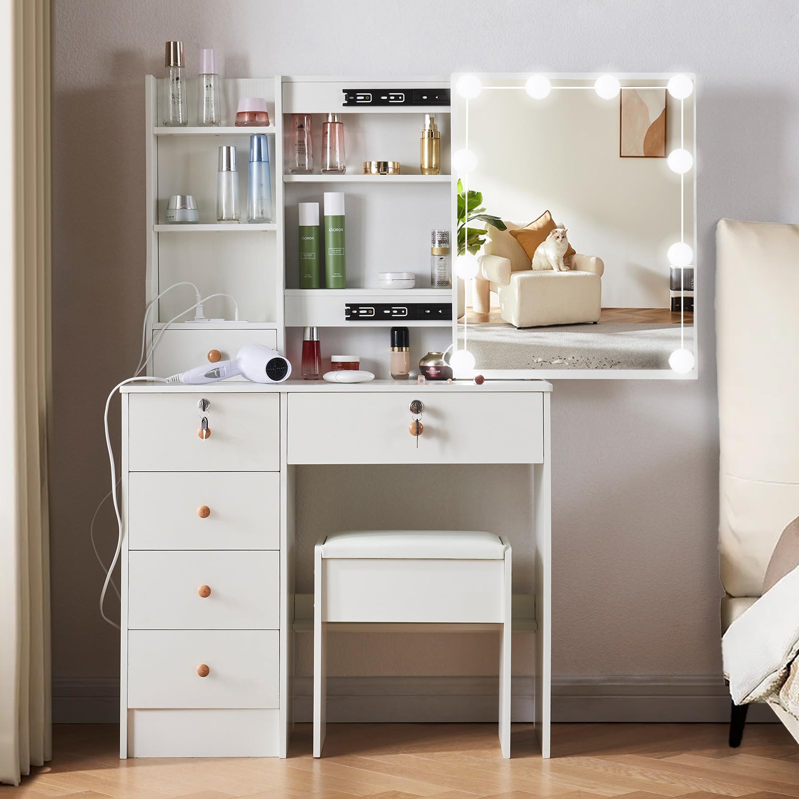 Makeup Table with LED Light and Mirror, Vanity wtih Power Strip and Stool, Vanity Set with 5 Drawers and 2 Shelves, White Vanity Desk for Girls, Women