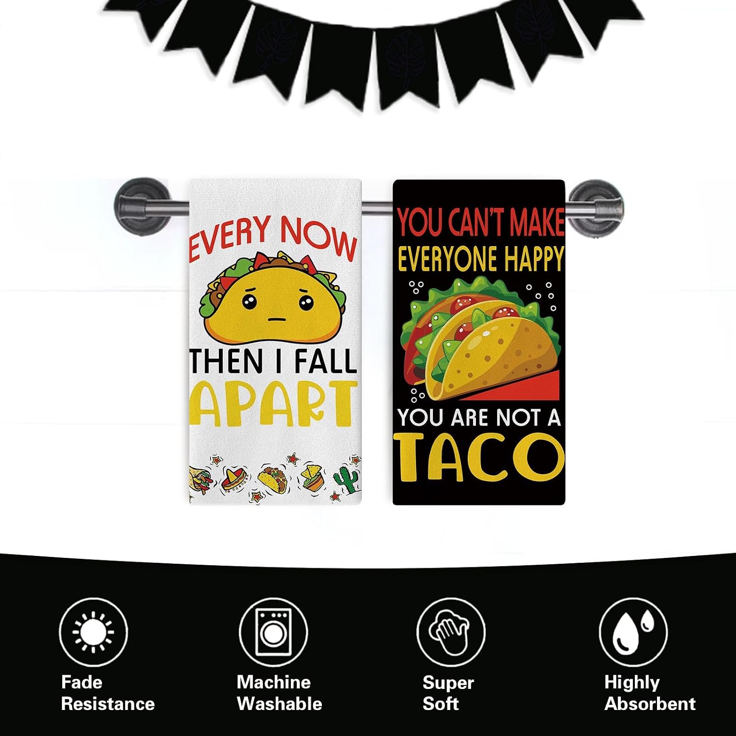 Funny Taco Kitchen Dish Towels Set of 2, Mexican Food You Can't Make Everyone Happy Drying Hand Towel Baking Cooking Cloth, Black Restaurant Dining Room Home Decor Taco Lover Gifts 18'' x 26''