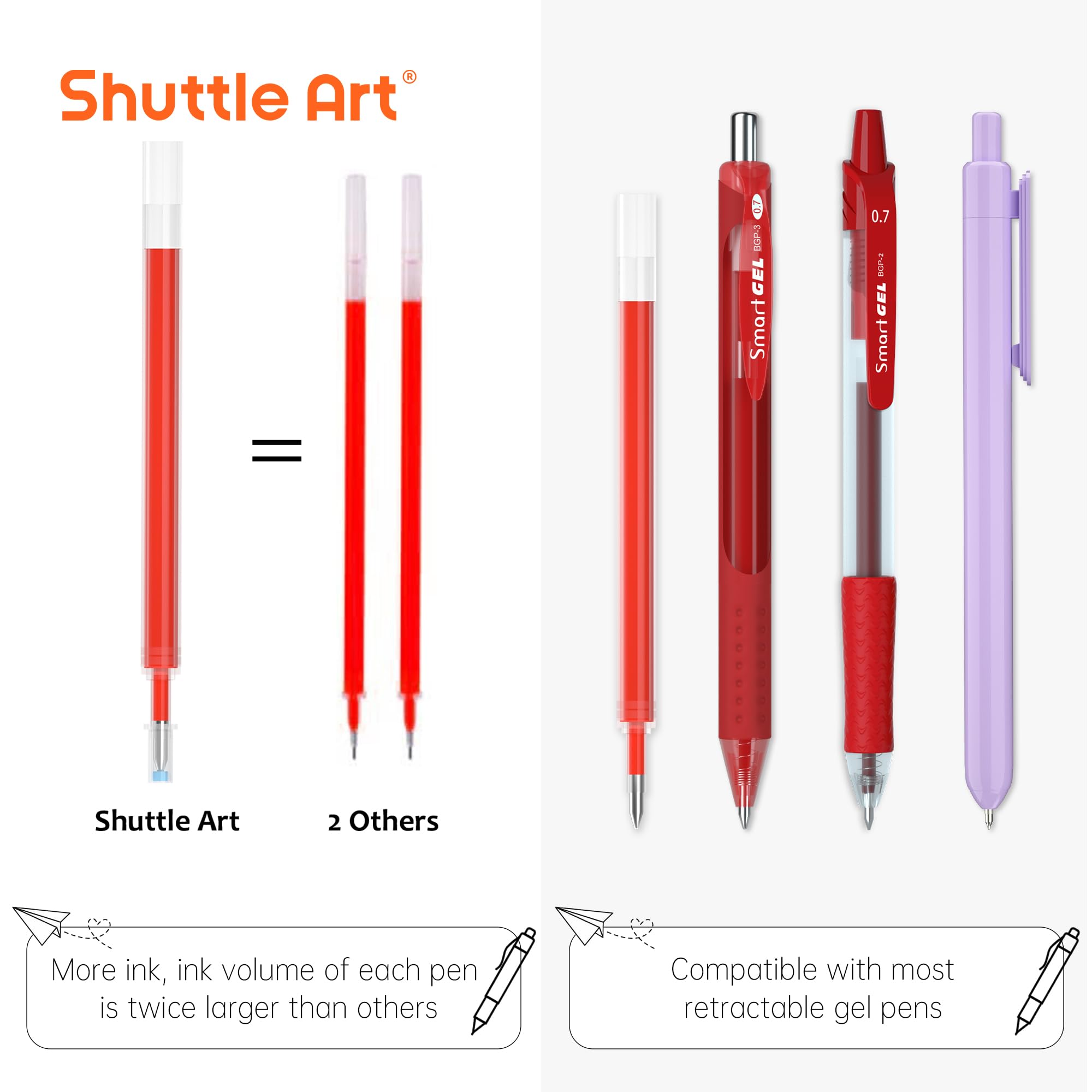 Shuttle Art Lot de 30 recharges de stylos à encre gel rétractables à encre gel rouge, pointe fine de 0,7 mm, pour écrire, journal, prendre des notes, école, bureau, maison