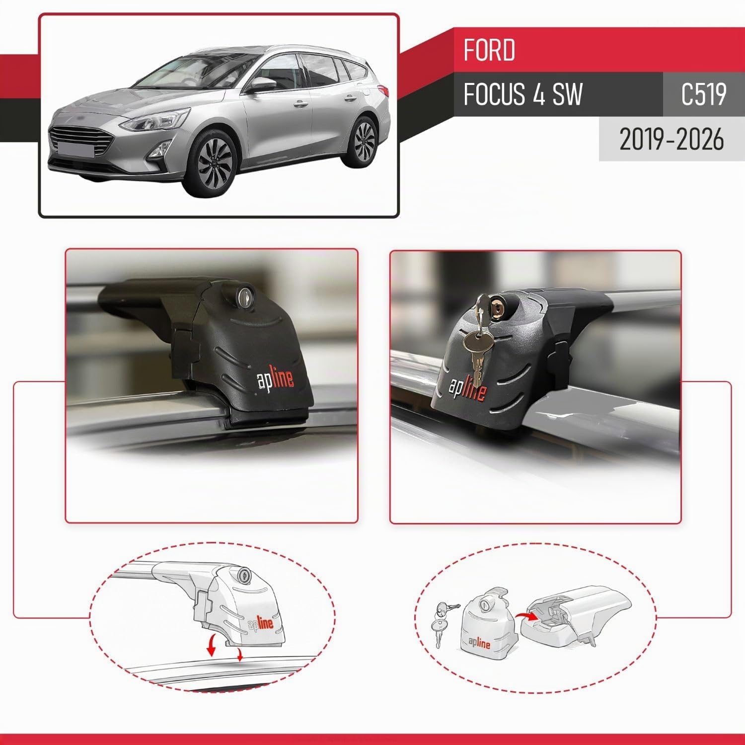 Compatibile con Ford Focus 4 (C519) SW 2019-2026 Modello ACE-2 Barre Tetto Portapacchi Auto Barre Portatutto Grigio Alluminio 2 Barre
