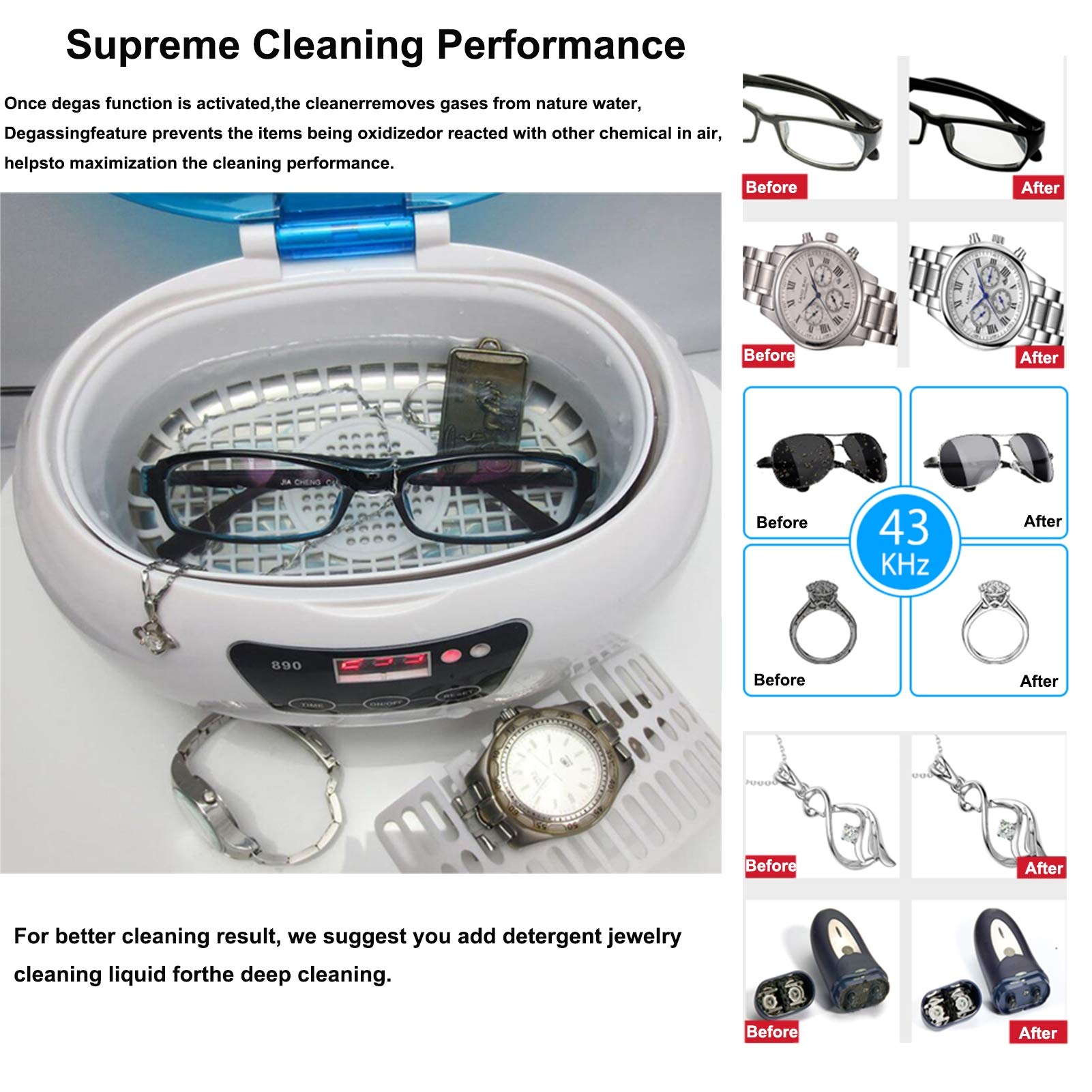 JHM-Limpiador Ultrasónico Gafas Profesional 600Ml,Limpiador de Baño de Joyería Ultrasónico 43Khz con Canasta de Limpieza Soporte para Reloj Temporizador Digital
