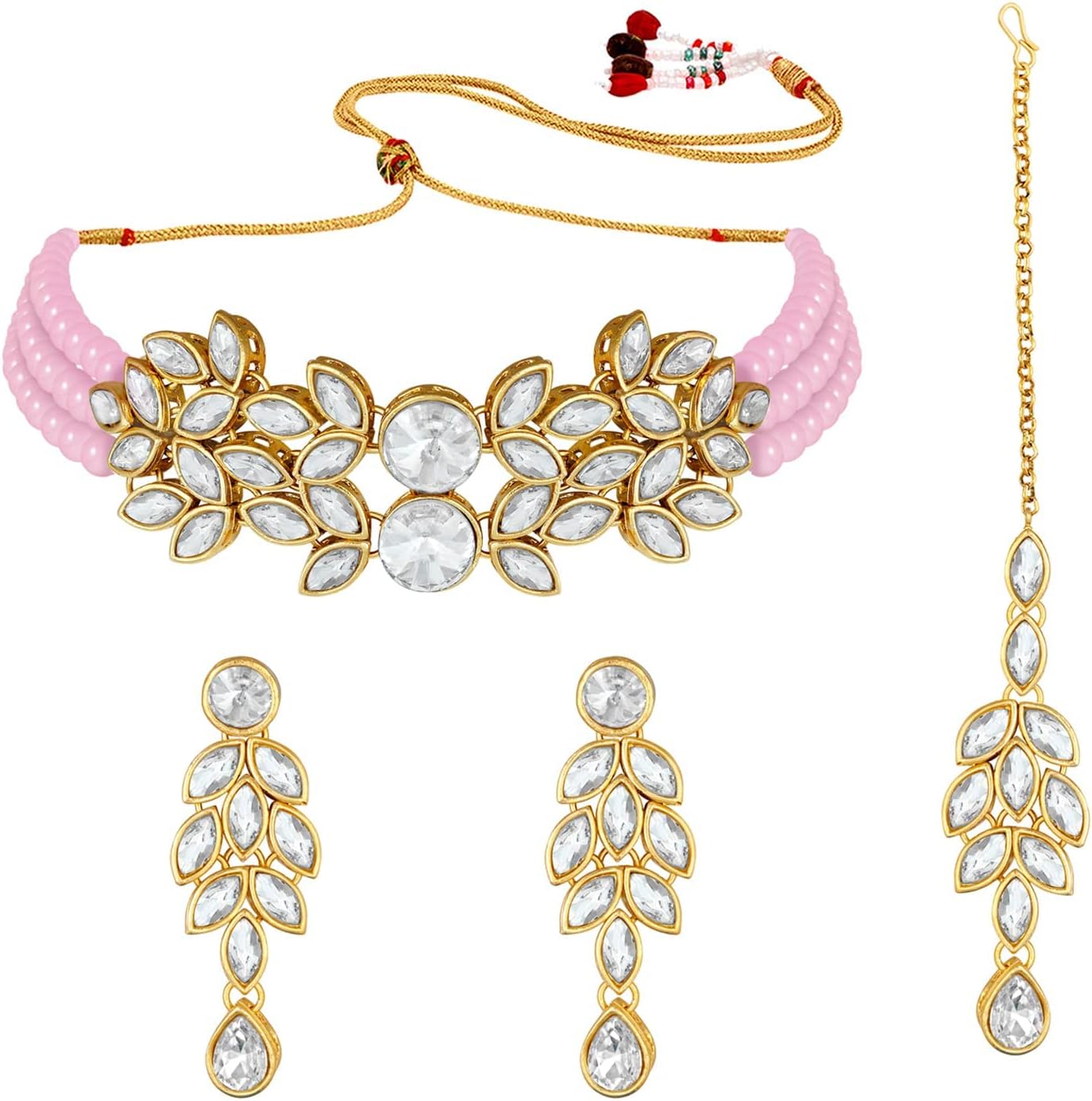 I Jewels Gold Plated Indian Wedding Bollywood Crystal Stone Studded Pearl Choker Necklace Jewellery Set For Women (ML285)