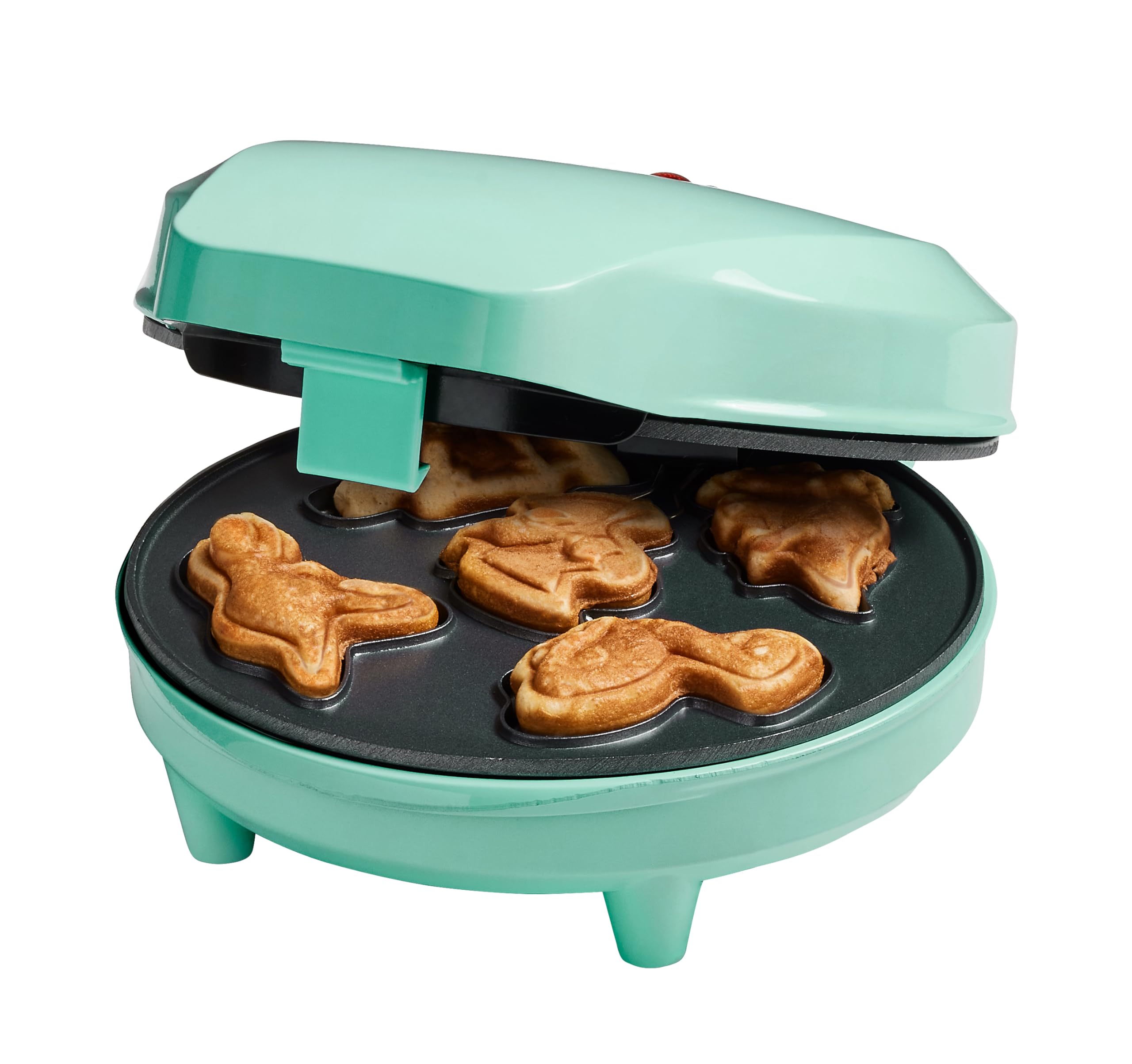 Bestron Waffeleisen für Mini-Dino-Cookie's, Mini-Cookie-Maker in Dinosaurier-Motiven, Waffeleisen für Mini-Waffel-Kekse, mit Backampel & Antihaftbeschichtung, 700 Watt, Farbe: Mint