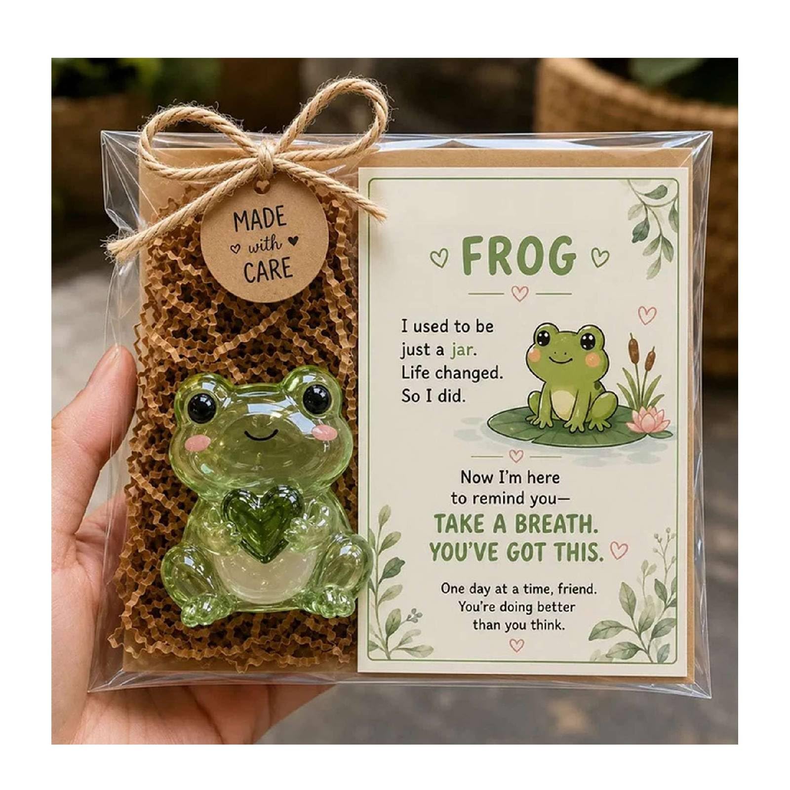 Emotional Support Glass Style Animal Gift,Acrylic Handmade Pocket Hug Animals Figurine with Inspirational Card,Cute Emotions Support Healing Mindfulness Gift for Friends Family&Desk Decor (Frog)