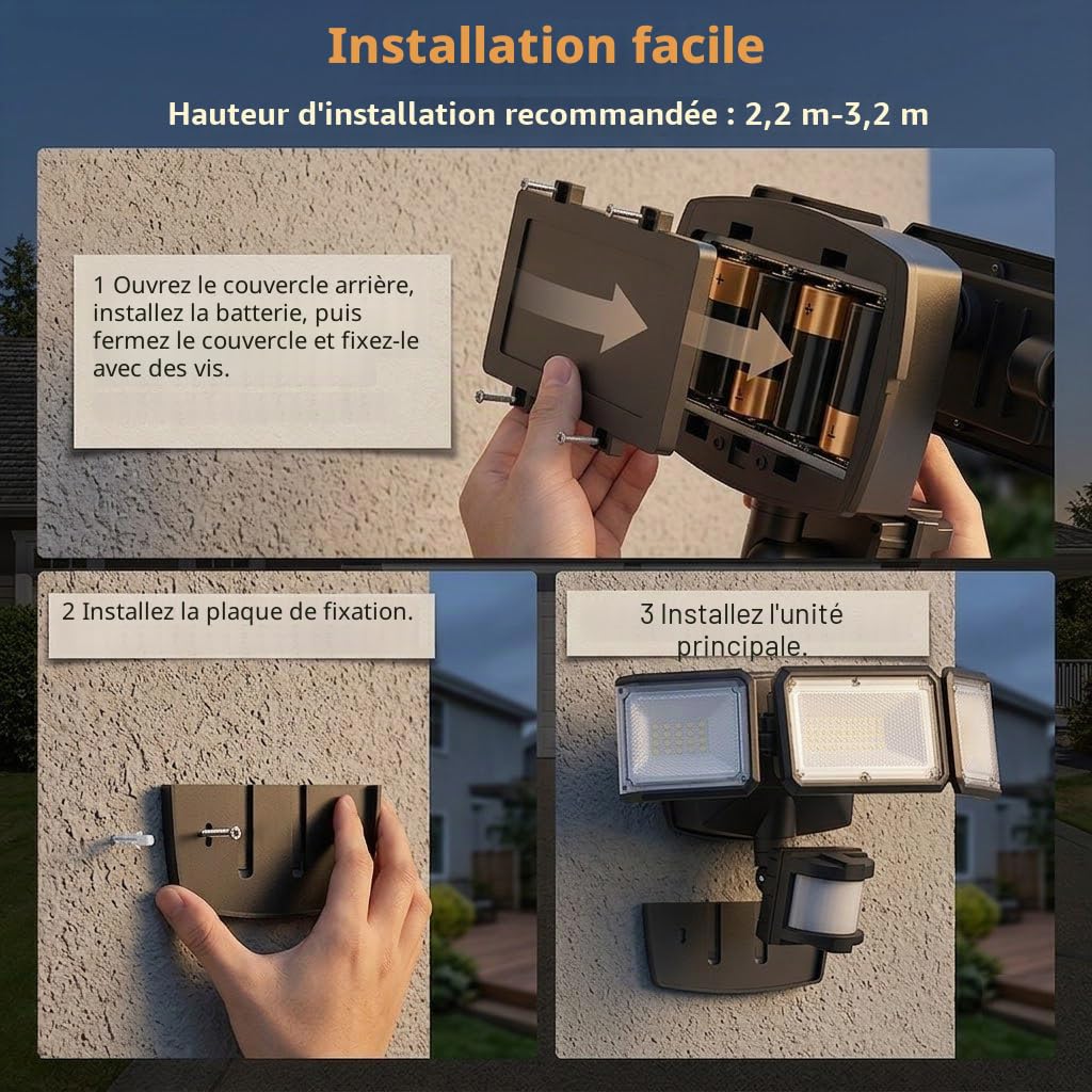 LEPOWER Projecteur LED à Piles pour l'Extérieur, 1500 LM, Lumières de Sécurité avec Détecteur de Mouvement, 5000 K, Étanchéité IP65, Projecteur Sans Fil à Piles, Détecteur de Mouvement à 3 Têtes pour
