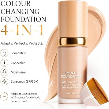 SPF50 Colour Changing Foundation with Brush - 4 In 1 Colour Changing Foundation - Hydrating Medium Full Coverage Concealer - Medium Coverage & Long-Lasting Natural Finish (30ml)