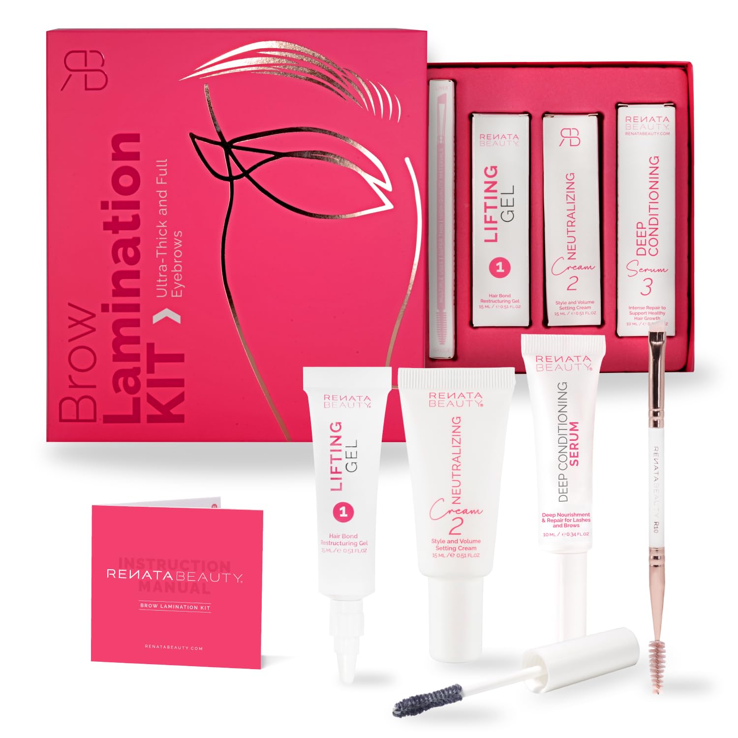 Renata Beauty Kit de Laminación de Cejas – Completo Set DIY de 4 Piezas para Casa con Gel Elevador, Perm, Sérum y Cepillo Dual – Cejas Voluminosas y Definidas Hasta 4 Semanas de Duración