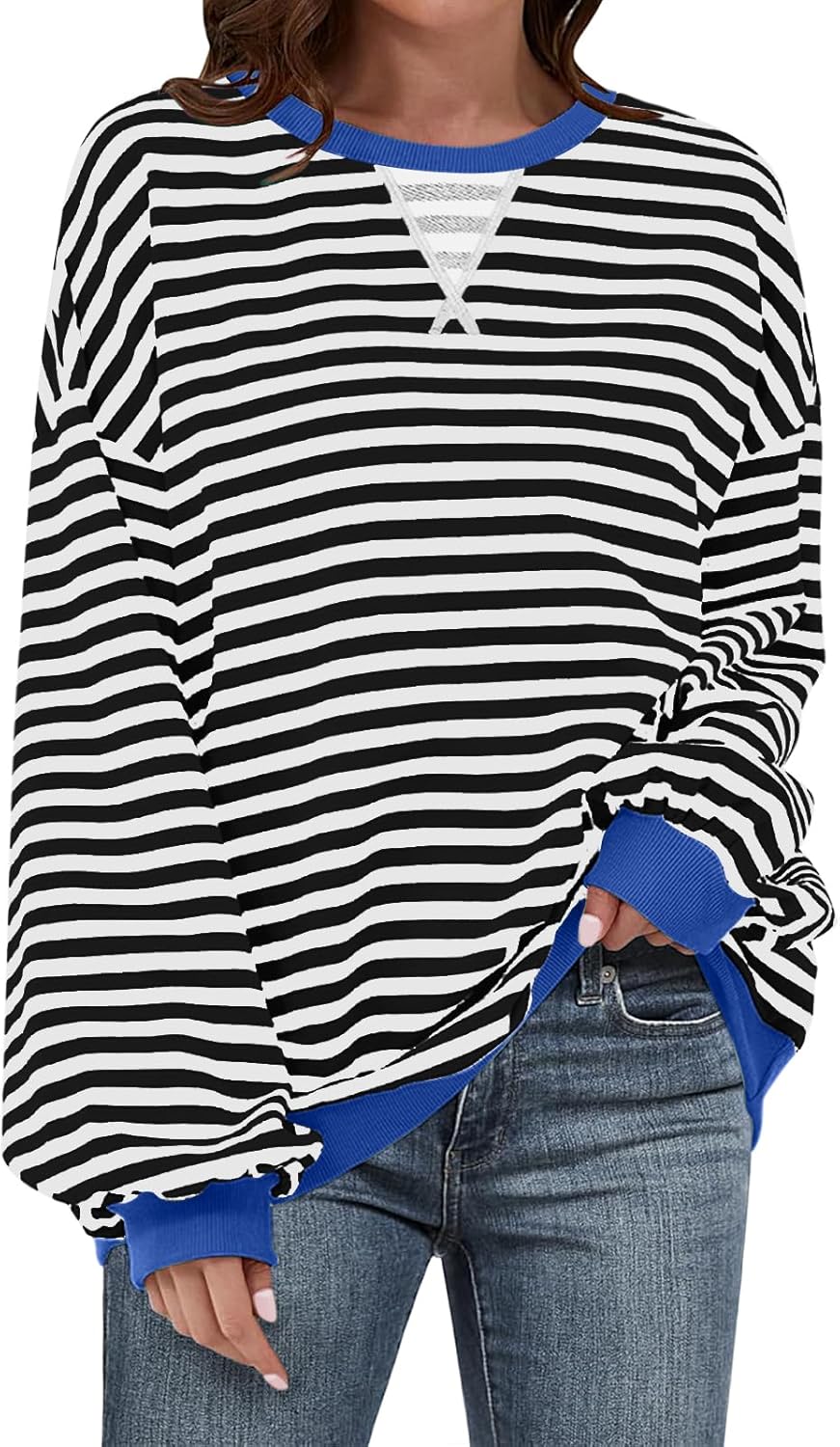 UEU Women Oversized Striped Crewneck Sweatshirt Long Sleeve Color Block Pullover Tops Casual Loose Workout Shirt - Image 1