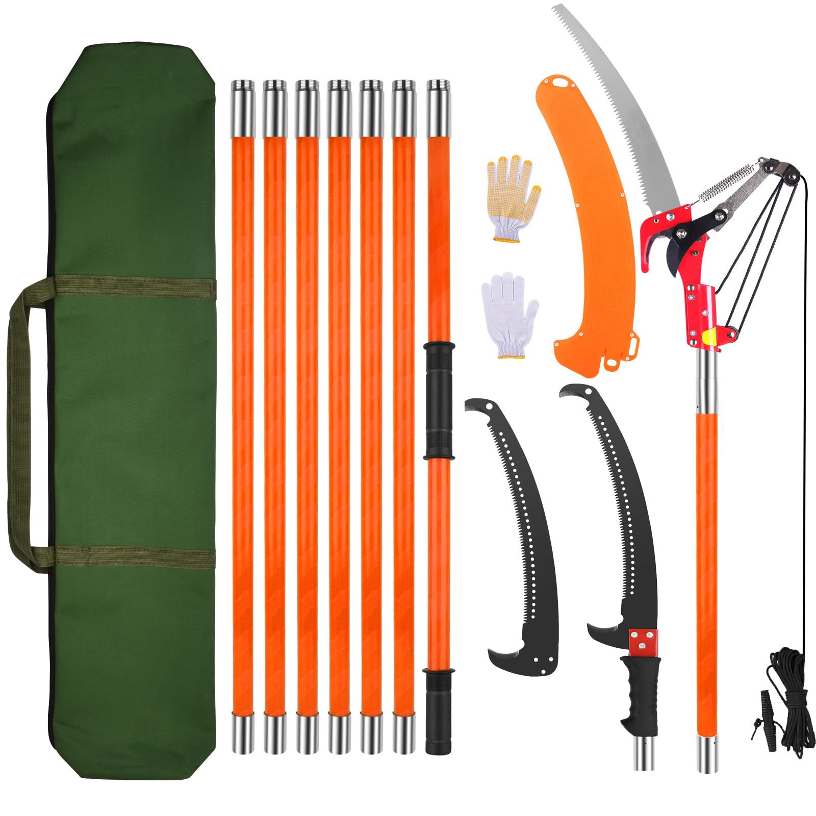 Coupe Branche Télescopique 8m: Scie Telescopique Elaguer 2 en 1,7 Manche Télescopique | 2 Lames de Scie | Sac de Transport, Scie d'élagage Pour Élagage Palmiers Arbustes (Orange)
