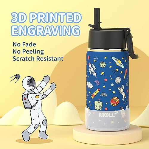 Miniatura 2 de Mollcity Botella de agua de 12 onzas con pajilla, de acero inoxidable, doble pared aislada al vacío, botella de agua para niñas, botella de agua de