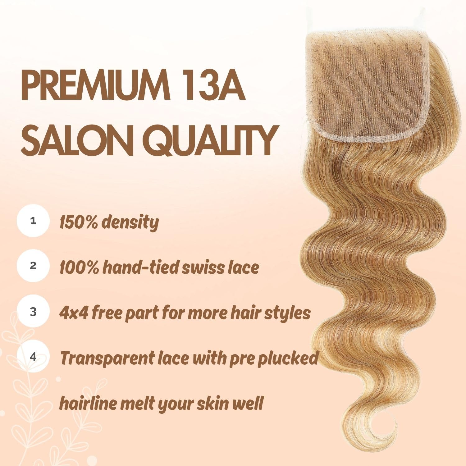 #27 Honey Blonde Bundles with closure 4X4 Human Hair Body Wave, Color 27 Golden Blonde Bundles with 4x4 HD Lace Closure Free Part 13A 100% Virgin Hair Double Weft Deal Bundles 16 18 20+16 Inch