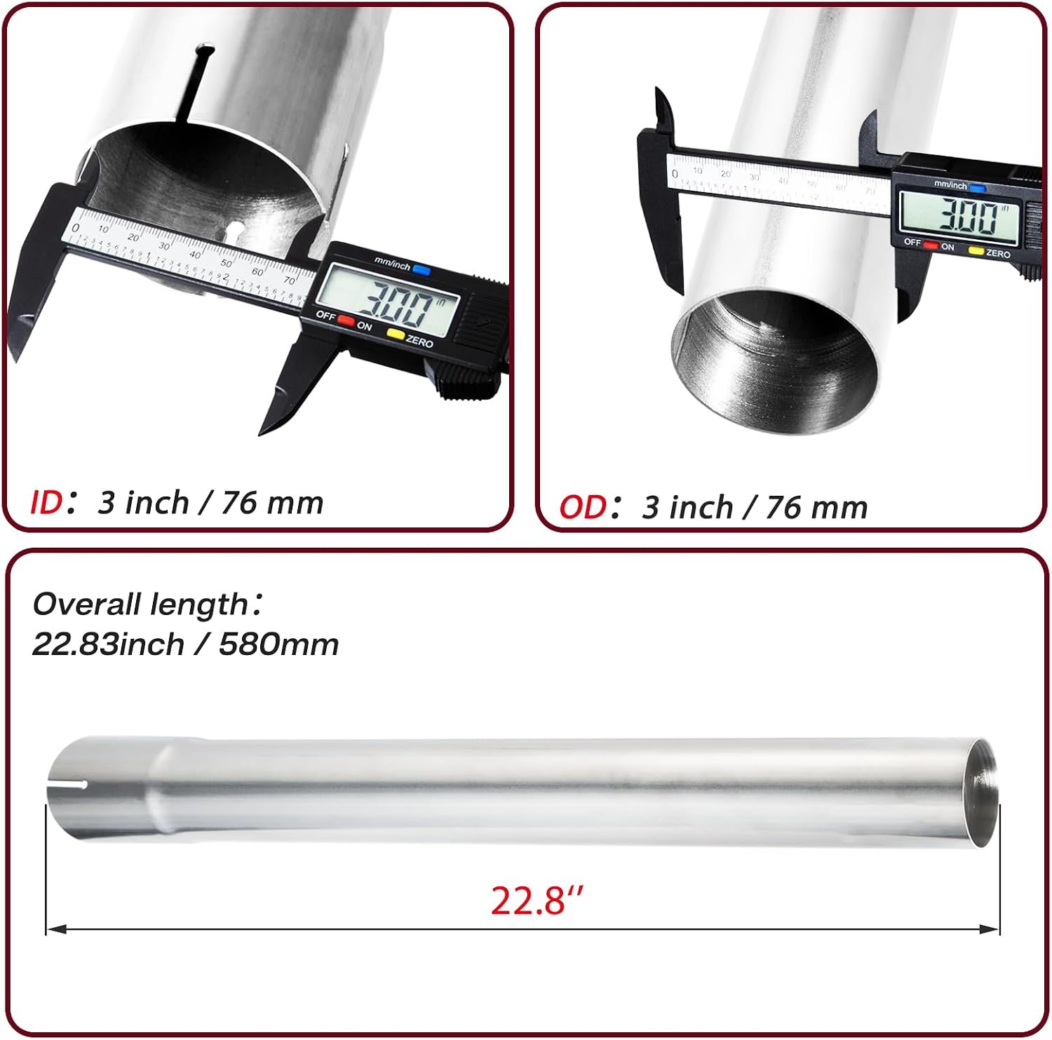 MXA 3" Custom Mandrel Straight Exhaust Pipe, Stainless Steel T304 Tubing Pipe, 22.8'' Long, Fit 3 Inch Exhaust System (3" x22.8", 2PCS)