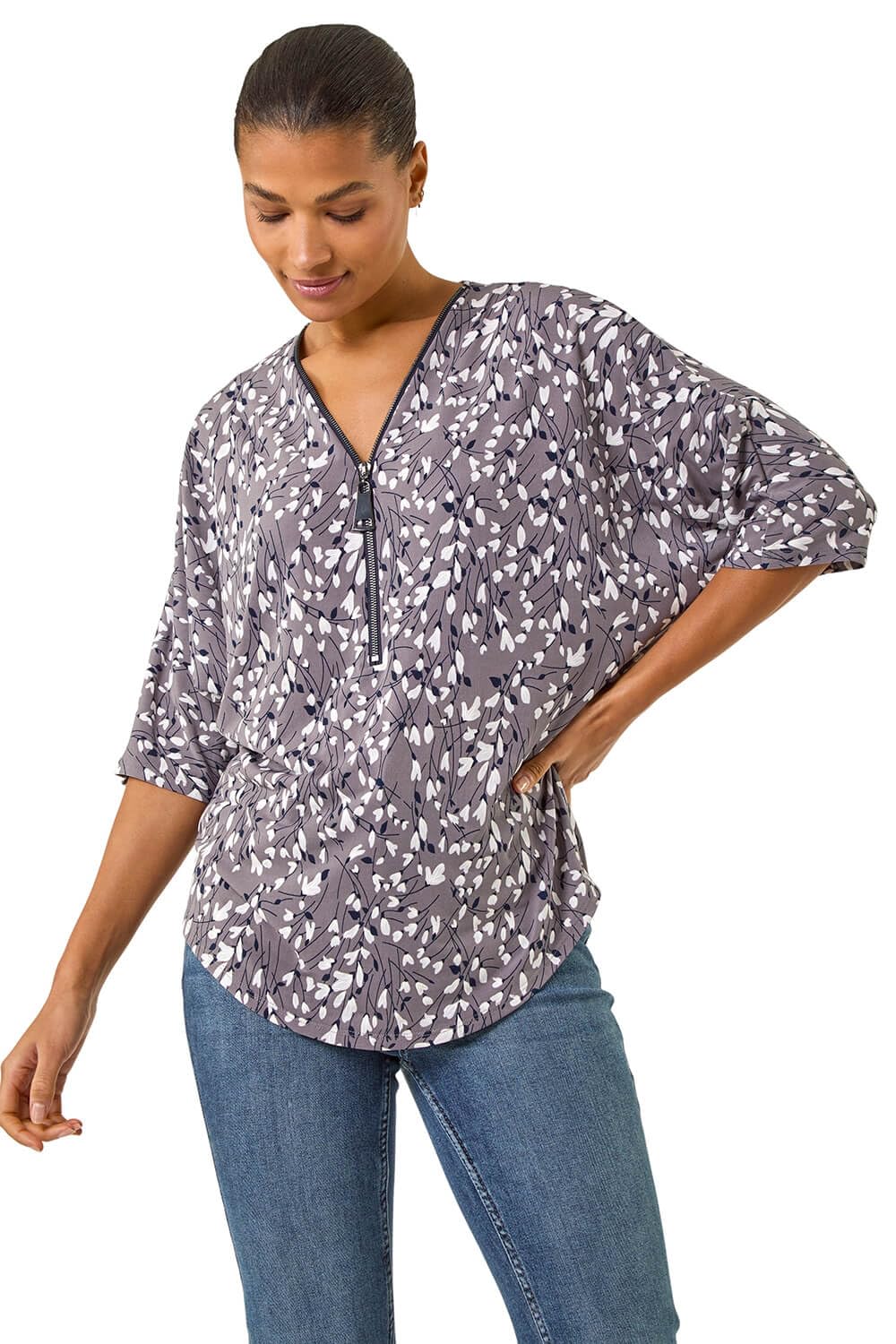 Roman Women's Grey Printed Zip Front V-Neck Stretch Top