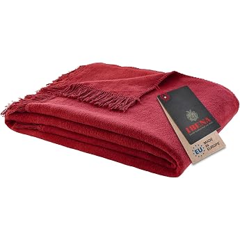 Ibena Braga Fringe Blanket 150 x 200 cm - Cotton Mix Soft Warm & Washable Cuddly Blanket with Fringes Red Plain