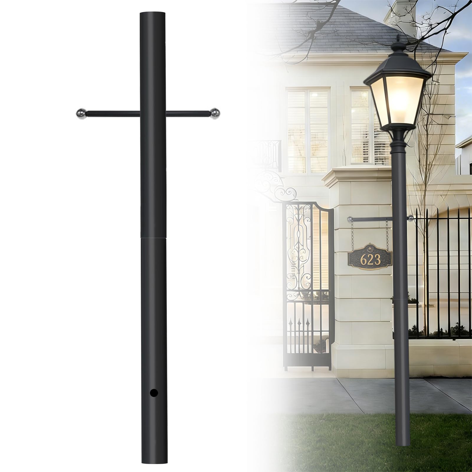Palo luminoso per esterni e braccio trasversale, accessorio resistente per lanterne e apparecchi paesaggistici (7,6 cm di larghezza x 213,4 cm di altezza), palo di sepoltura diretto in nero