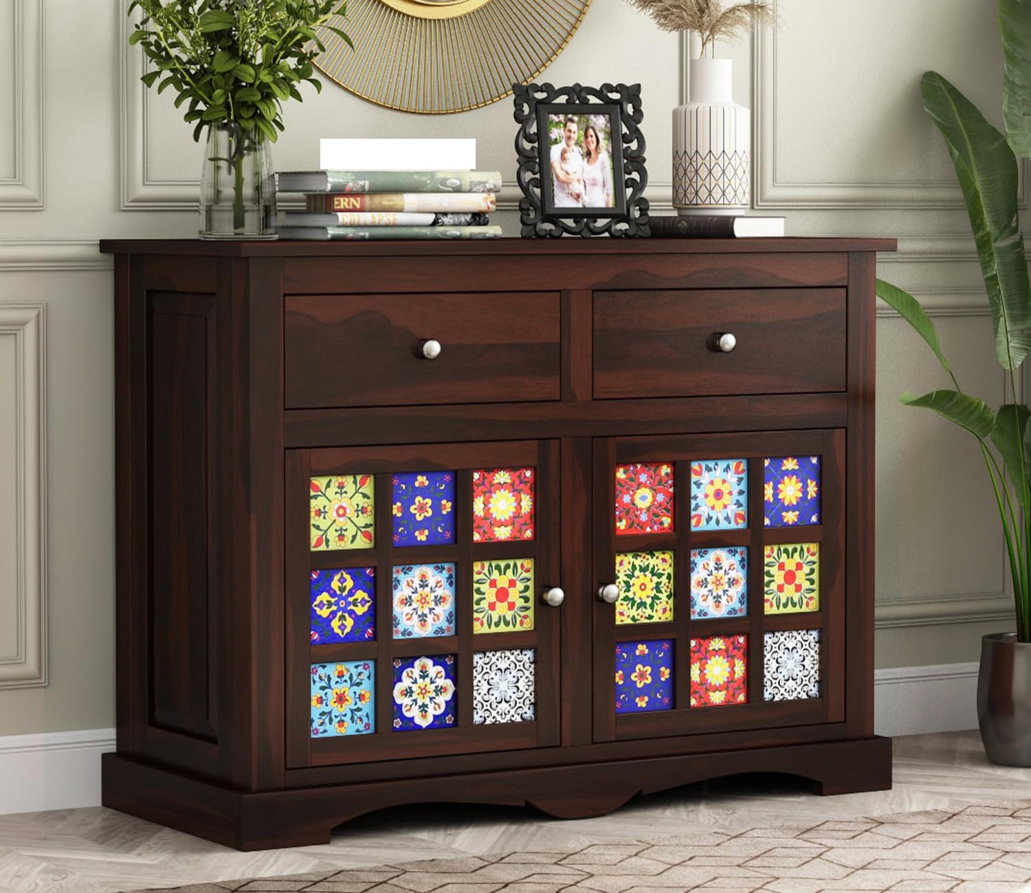 Bedosoft Furniture Solid Sheesham Wood Wooden Cabinet Sideboard with 2 Drawers and 2-Door Storage (Design 6)-image-34