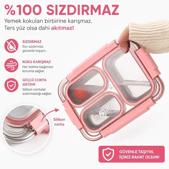 Valkyrie 304 Paslanmaz Çelik 4 Bölmeli Pembe Lunch Box Termal Çantalı – Sızdırmaz Beslenme Kabı, Çatal Kaşık Dahil