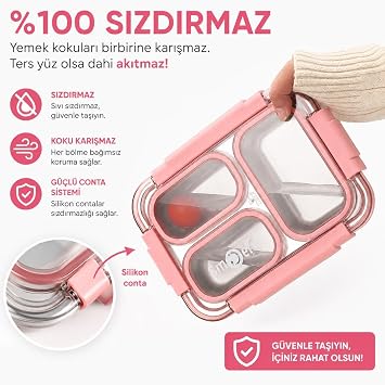 Valkyrie 304 Paslanmaz Çelik 4 Bölmeli Pembe Lunch Box Termal Çantalı – Sızdırmaz Beslenme Kabı, Çatal Kaşık Dahil