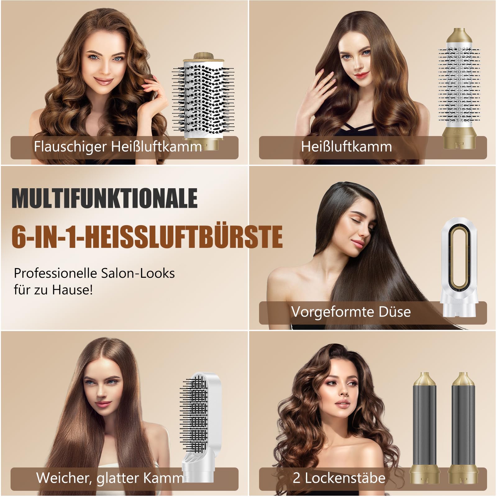 6 in 1 Hairstyler, Ionen Föhn, 1000W Multifunktionaler Hairstyler, Lockenstab Automatisch, Keramiktechnologie, Professioneller Warmluftbürste, Locken und Glätten (Weiß)