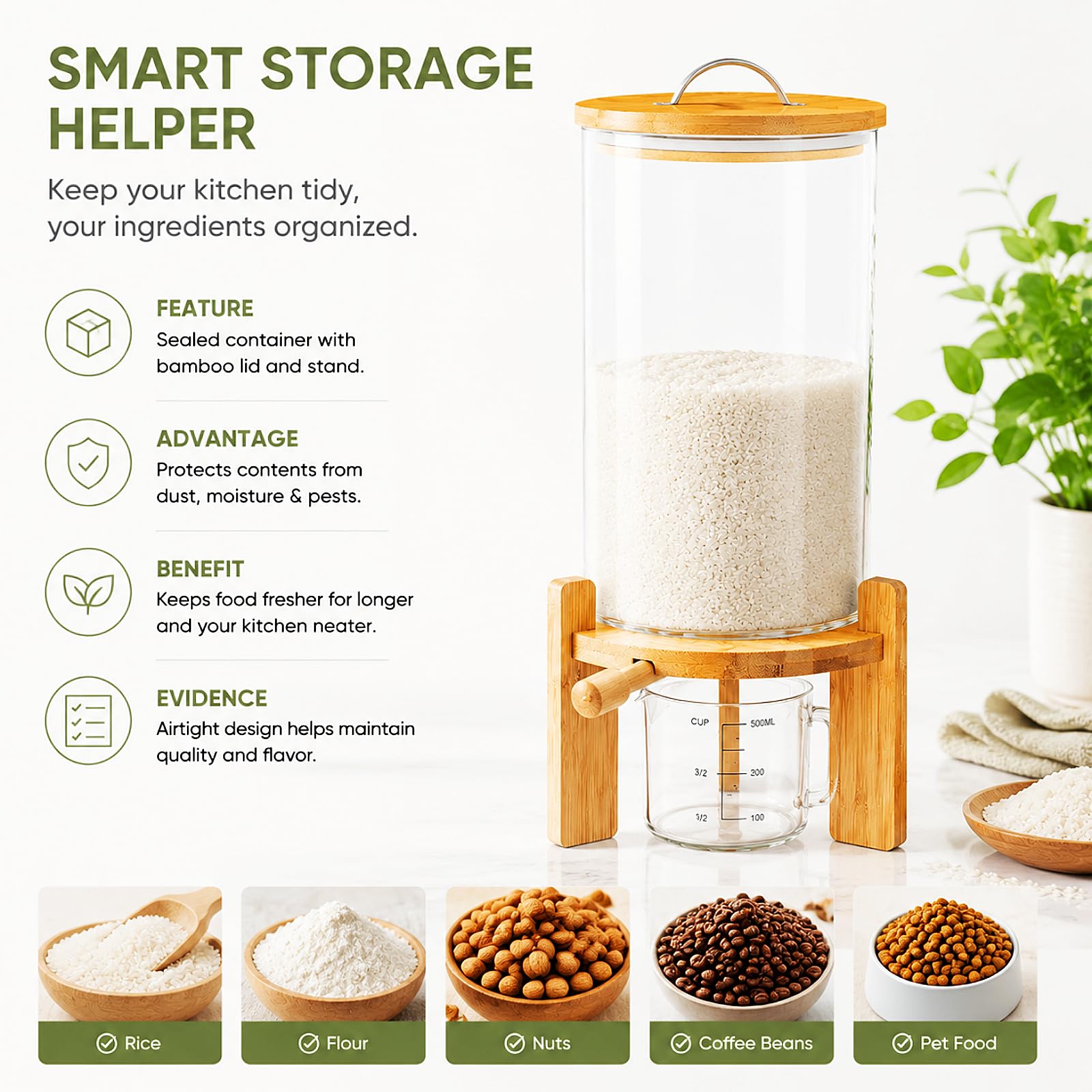 Distributeur de céréales de 7,5 l - 20 x 30 cm - Grand réservoir de céréales - Récipient de rangement en verre avec couvercle en bambou et valve pour riz, céréales, céréales