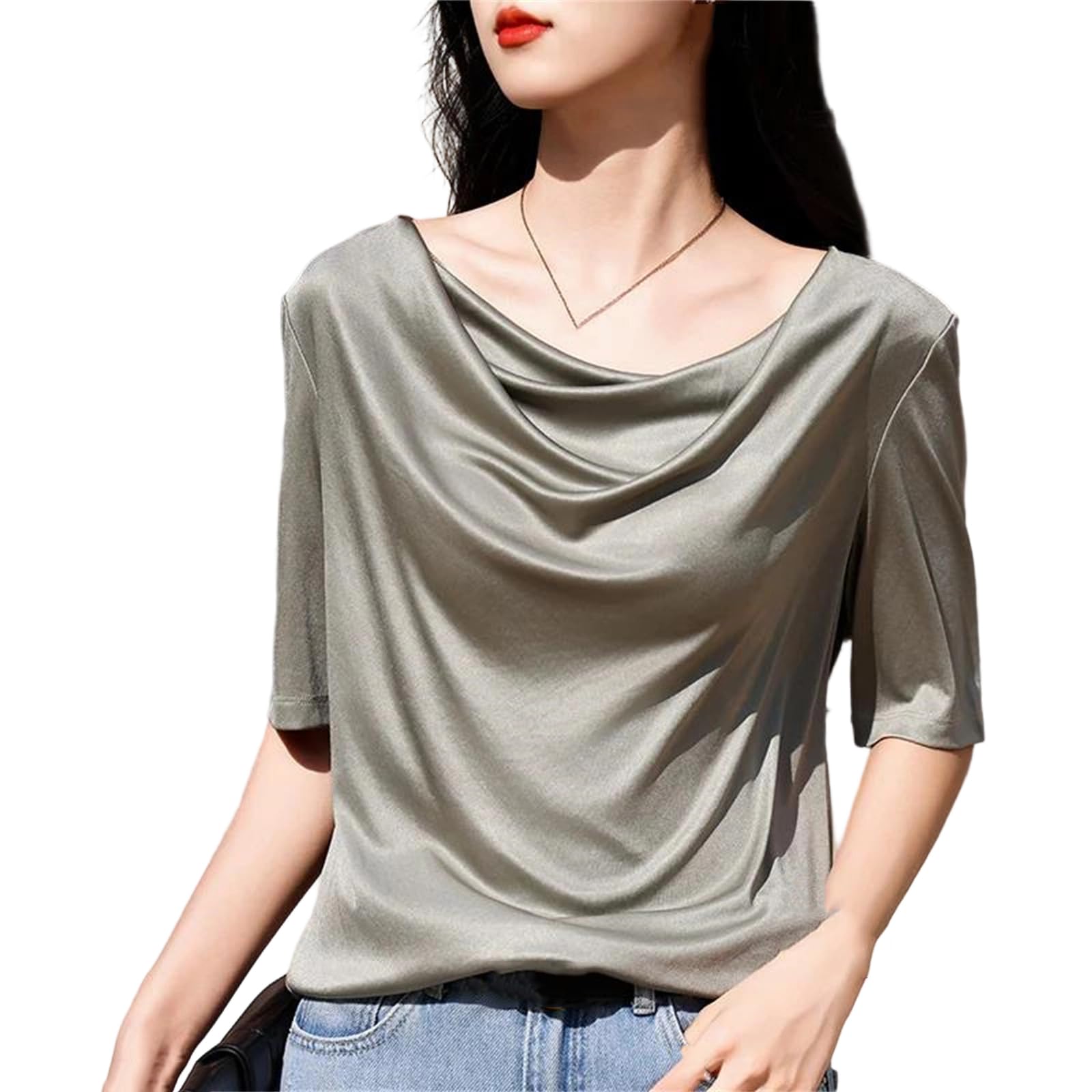 Maglietta estiva da donna casual tinta unita pullover a maniche corte T-shirt allentate in raso gilet top