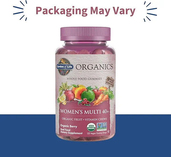 Garden of Life Organics Women 40+ Gummy Vitamins - Berry - Certified Organic, Non-GMO, Vegan, Kosher Complete Multi - Methyl B12, C & D3 - Gluten, Soy & Dairy Free, 120 Real Fruit Gummies Or
