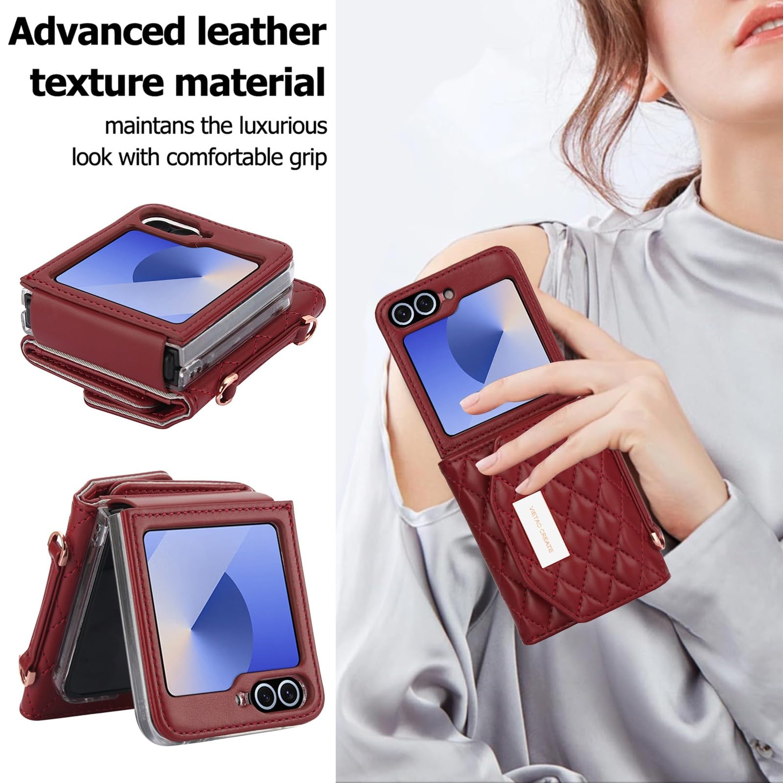 Etui portfelowe na telefon komórkowy Samsung Galaxy Z Flip 8 z wbudowaną skórzaną przegródką na gotówkę i uchwytem na karty kredytowe, regulowany pasek crossbody, ochrona zawiasów dla kobiet i